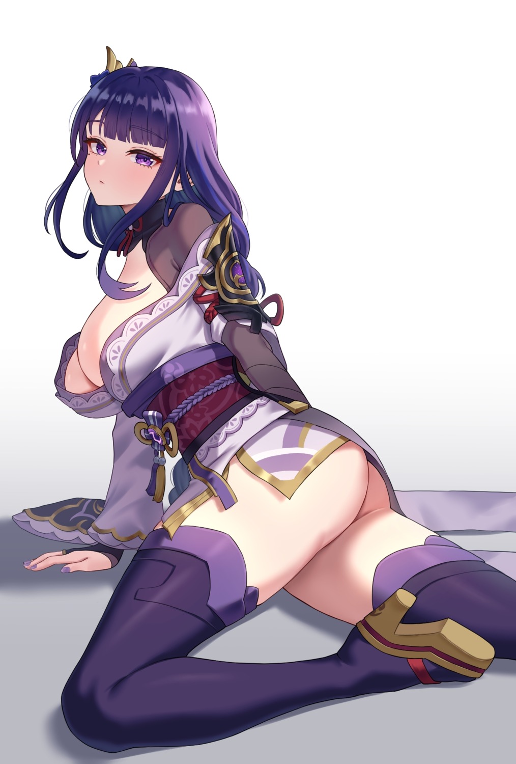 ass genshin_impact heels japanese_clothes kadokadokado no_bra nopan open_shirt raiden_shogun thighhighs