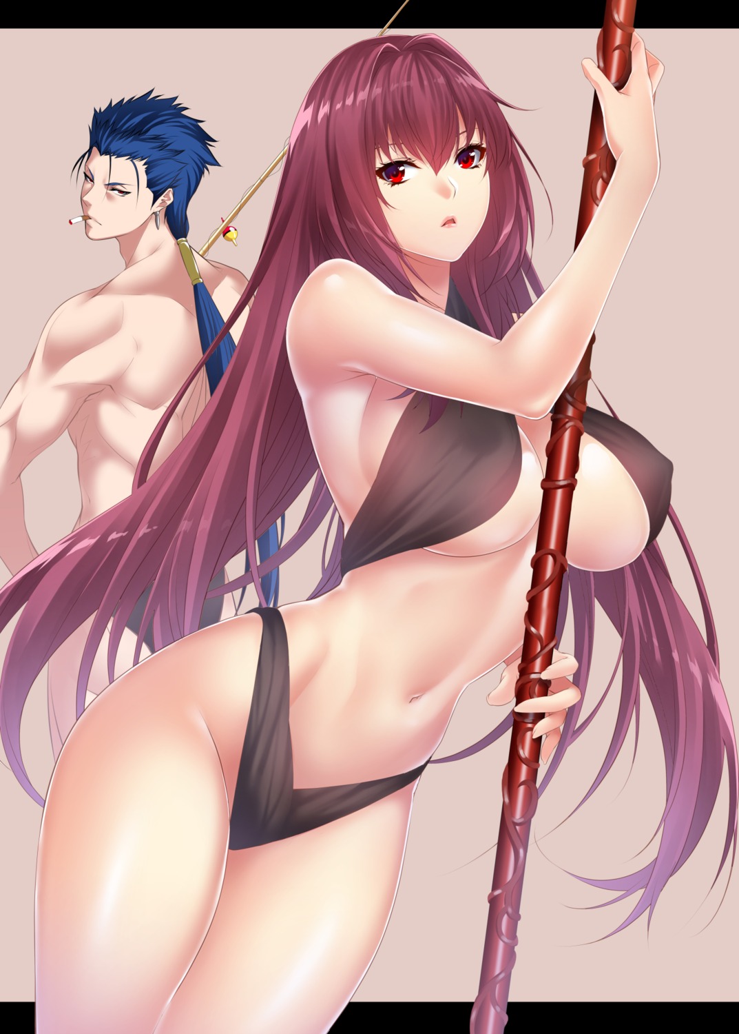 bikini cleavage erect_nipples fate/grand_order fate/stay_night lancer scathach_(fate/grand_order) smoking swimsuits underboob weapon zucchini