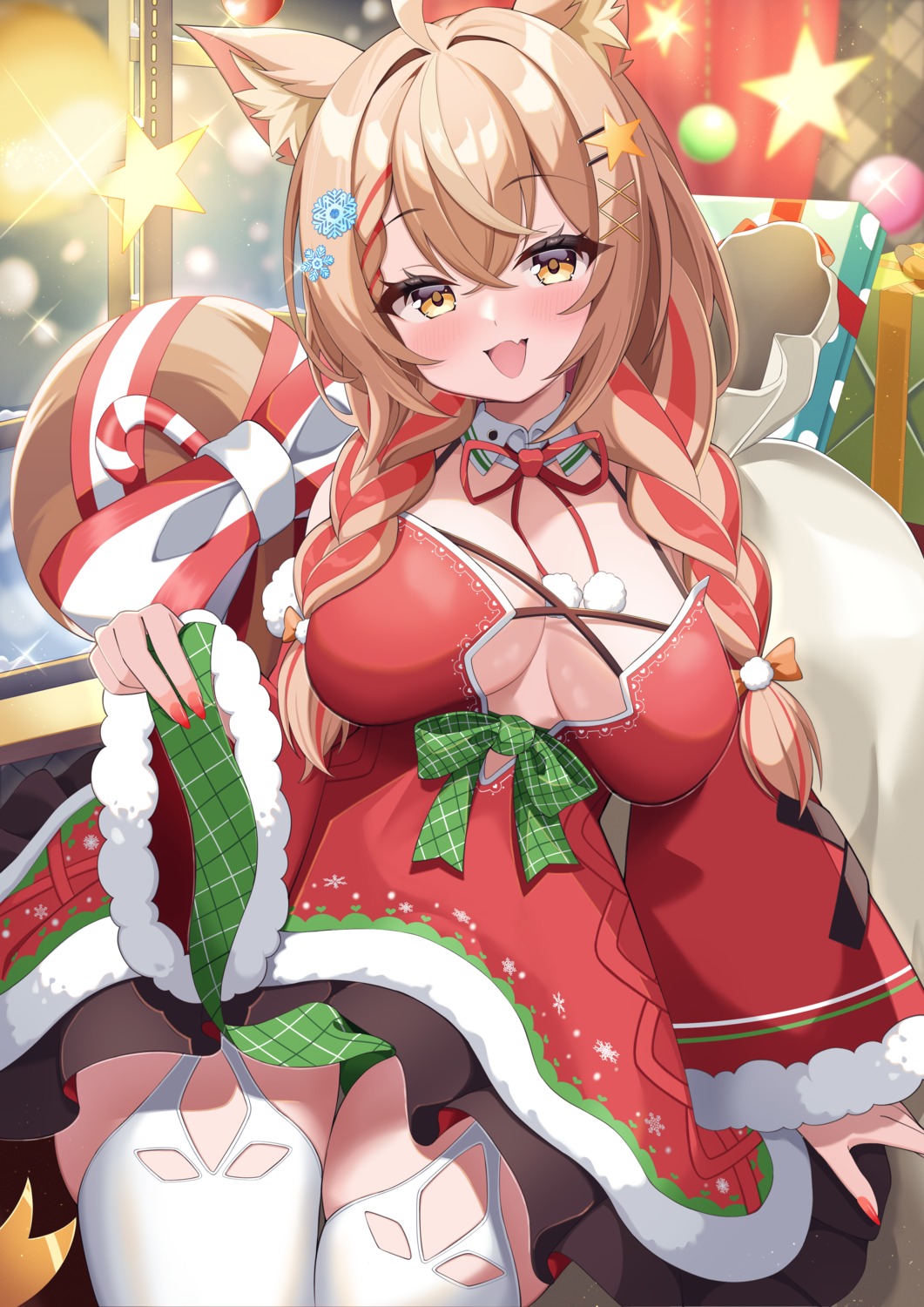 animal_ears christmas dress elegant1266 no_bra stockings tail thighhighs