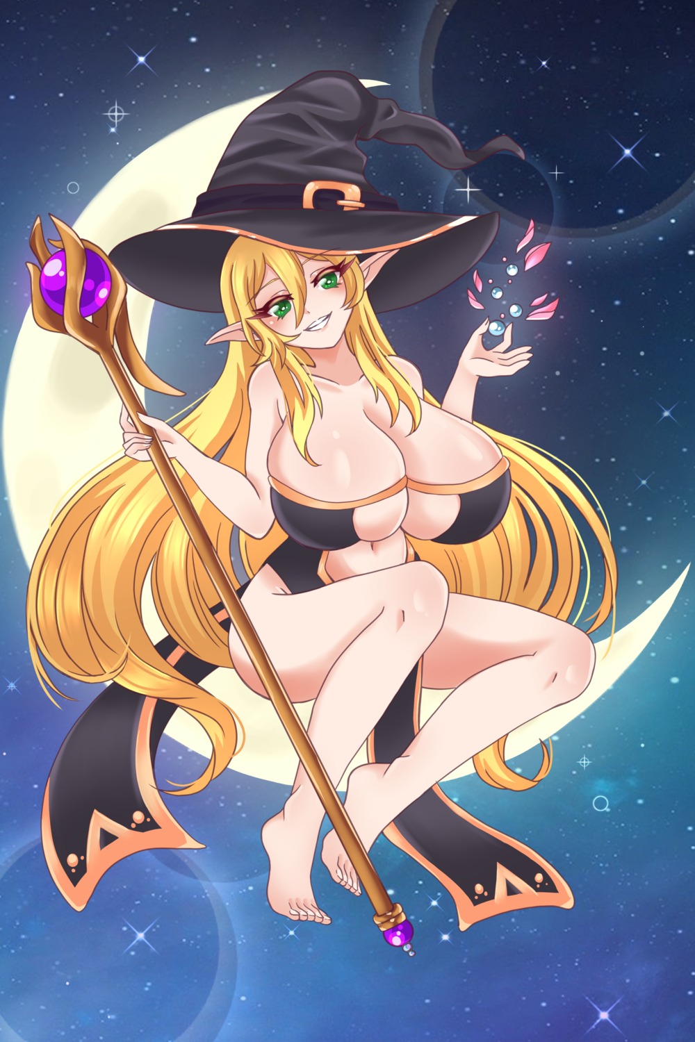 breasts cleavage dress elf feet no_bra nopan pointy_ears tane weapon witch