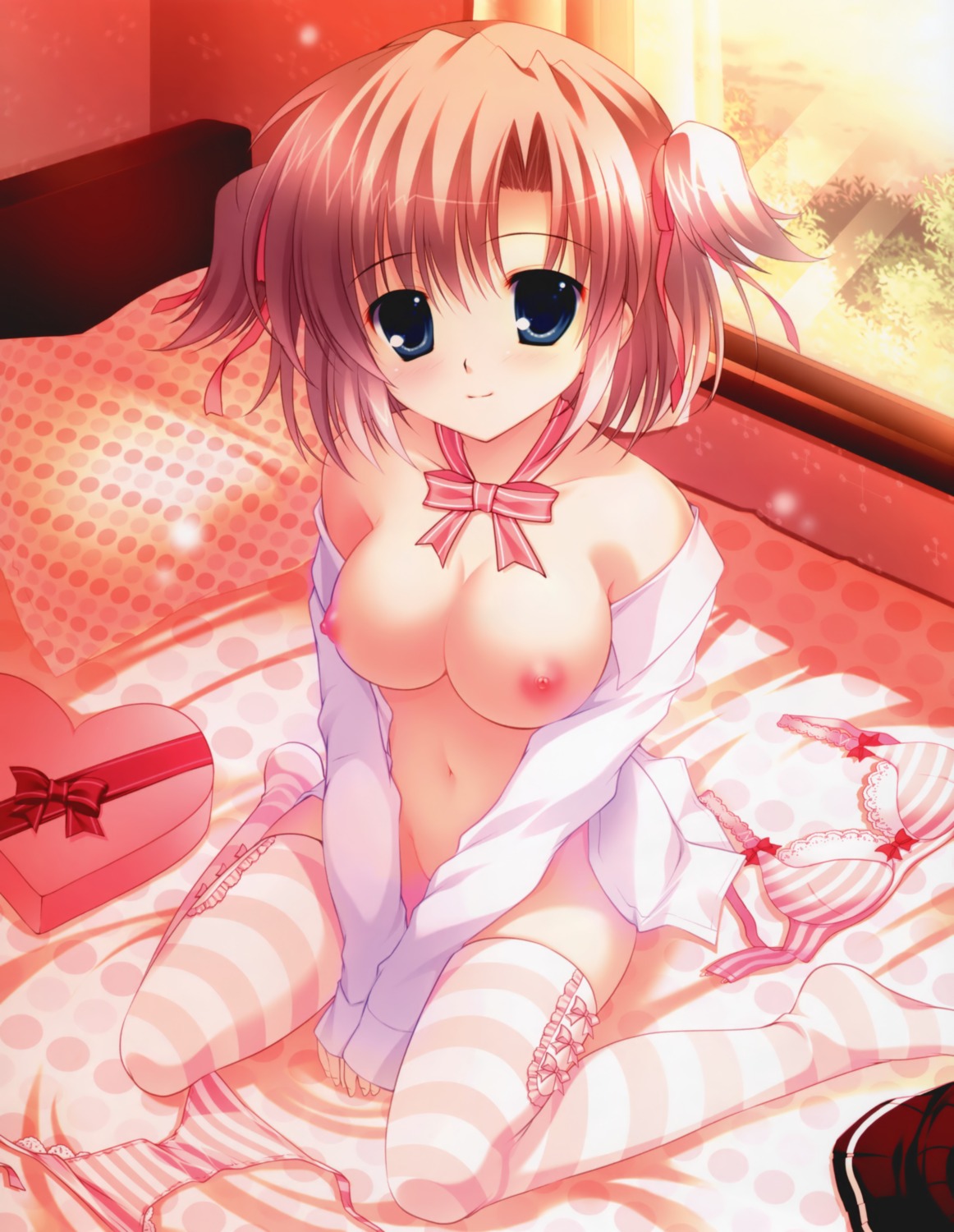 bottomless breasts dress_shirt mikeou nipples no_bra open_shirt thighhighs