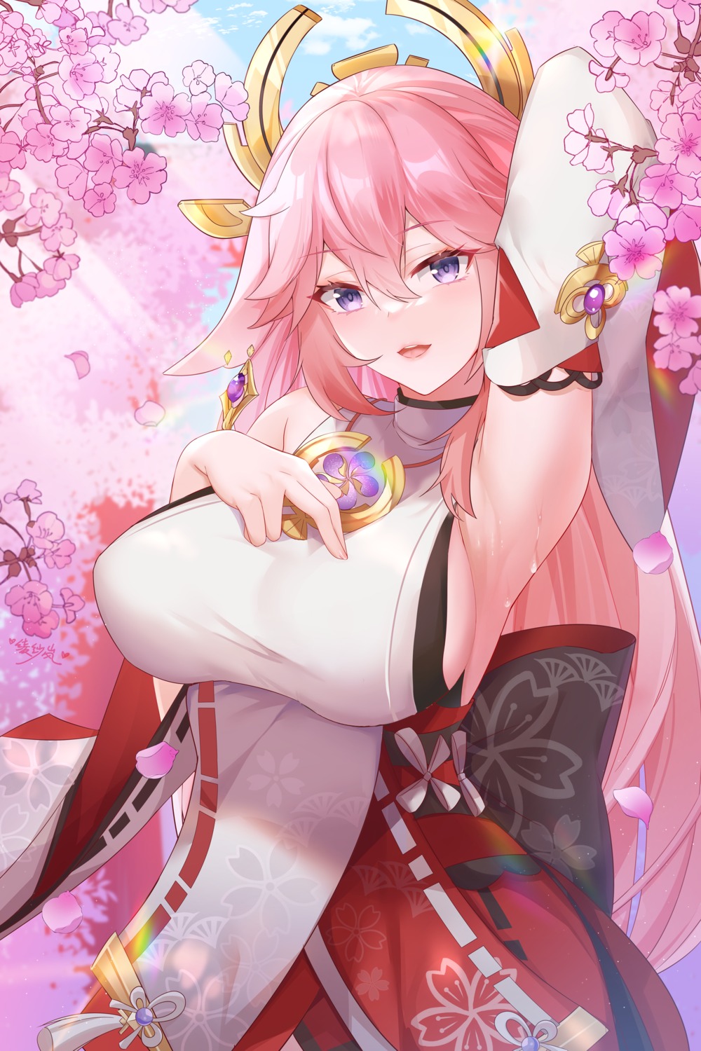 animal_ears genshin_impact japanese_clothes kitsune lingshalan no_bra wet yae_miko