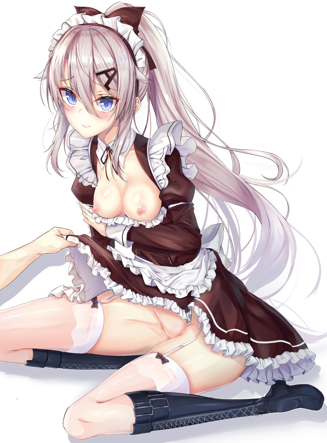 9a-91_(girls_frontline) breast_hold breasts girls_frontline heels ko_katakuchiiwashi maid nipples no_bra nopan open_shirt skirt_lift stockings thighhighs