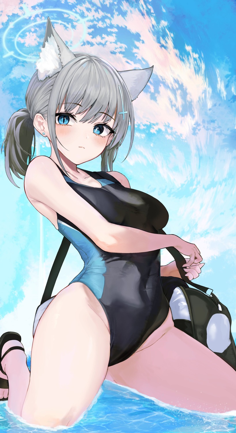 animal_ears blue_archive halo nekomimi ran_(bearsoymilk) sunaookami_shiroko swimsuits wet