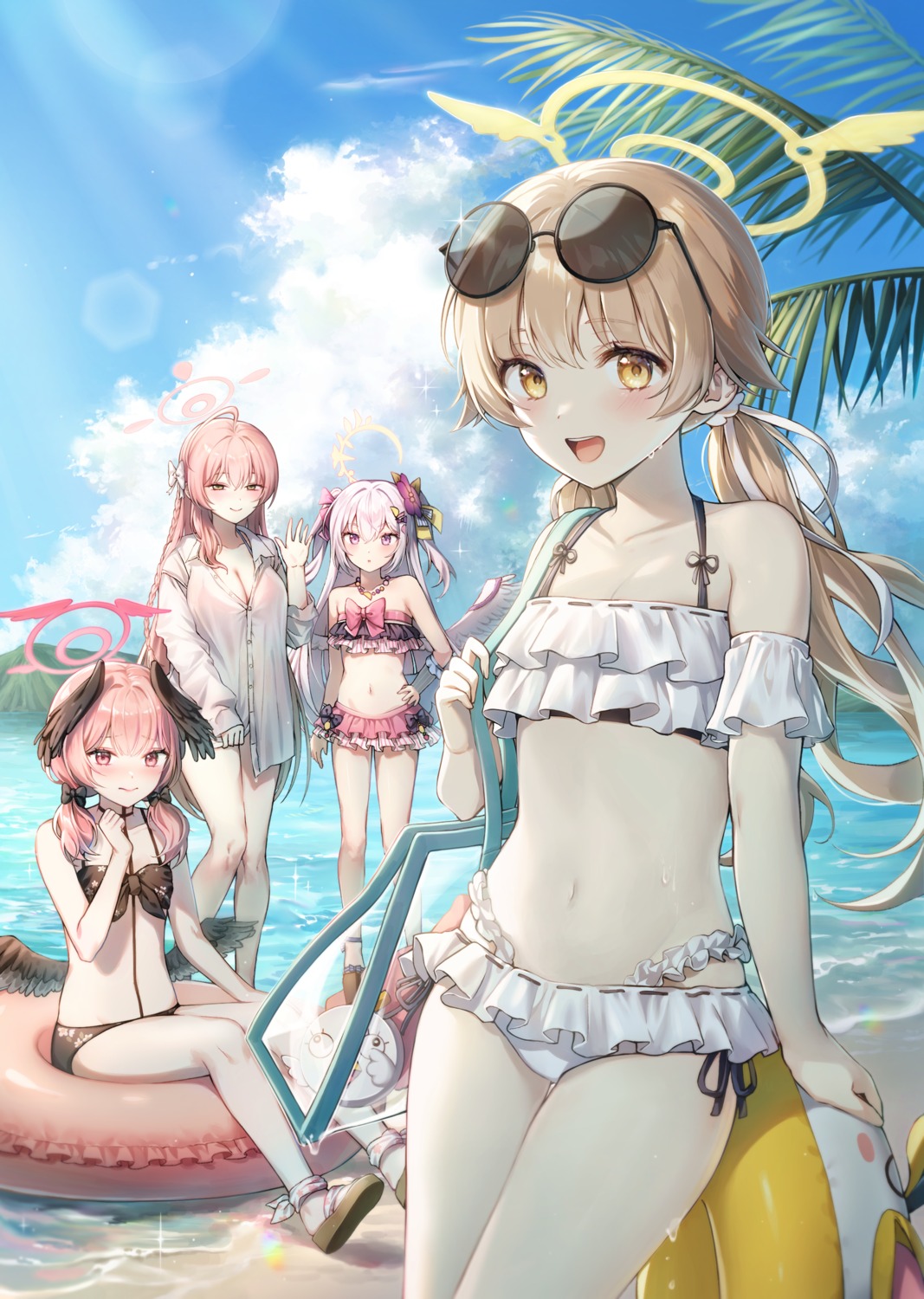 ajitani_hifumi angel bikini bikini_top blue_archive dress_shirt halo loli megane monjja open_shirt see_through shimoe_koharu shirasu_azusa swimsuits urawa_hanako wet wet_clothes wings