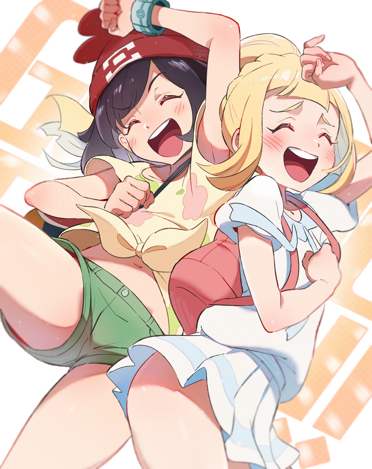 lillie_(pokemon) mizuki_(pokemon) pokemon pokemon_sm pokemon_usum shirt_lift skirt_lift toku_(ke7416613)