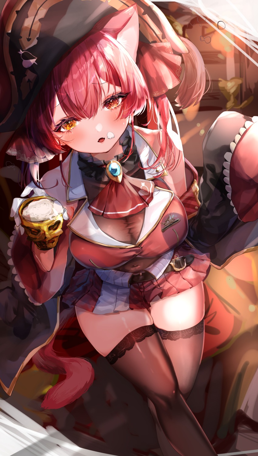 animal_ears heterochromia hololive houshou_marine momongapoketto nekomimi pirate tail thighhighs