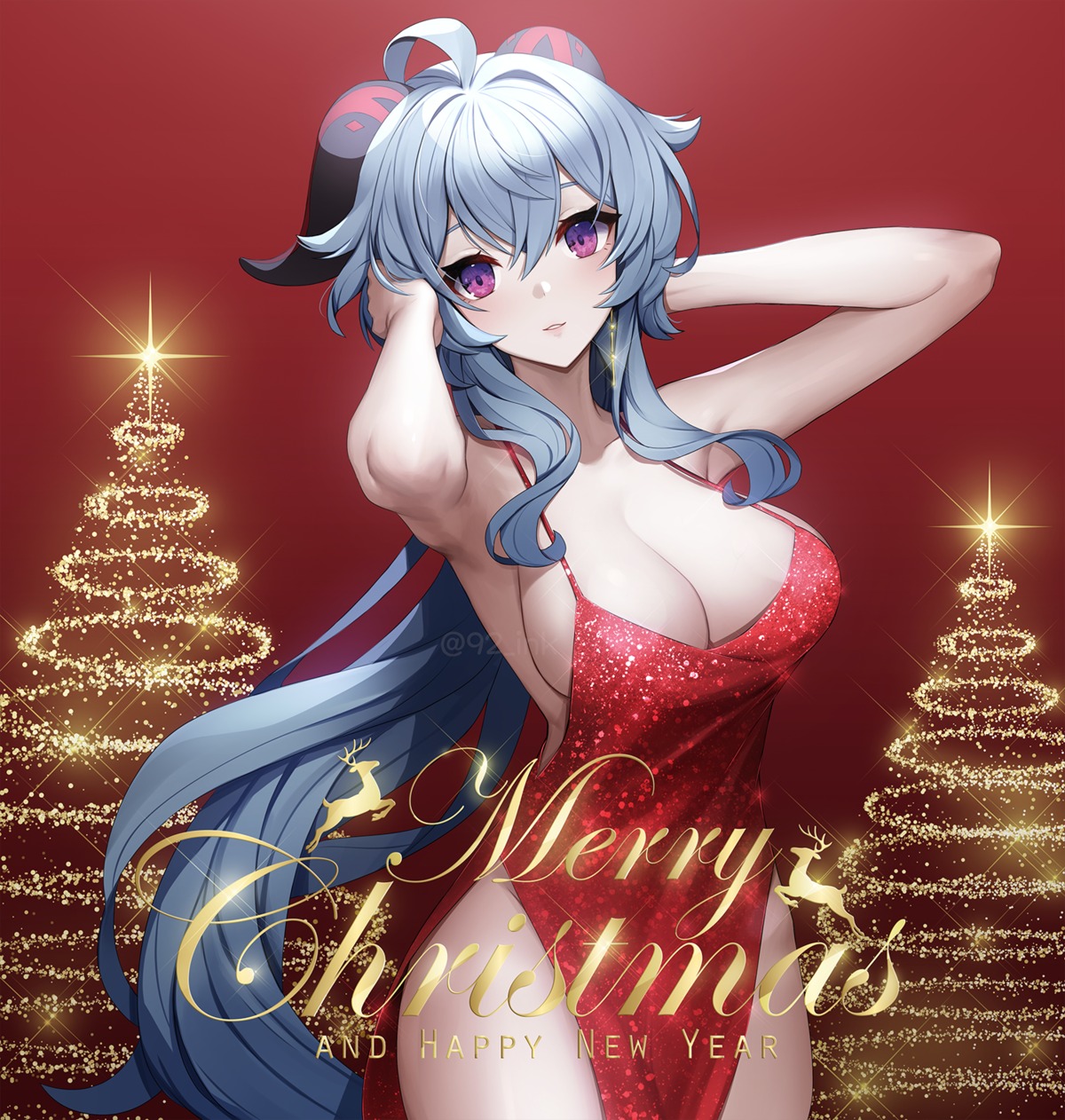 ankkoyom christmas dress ganyu genshin_impact horns no_bra