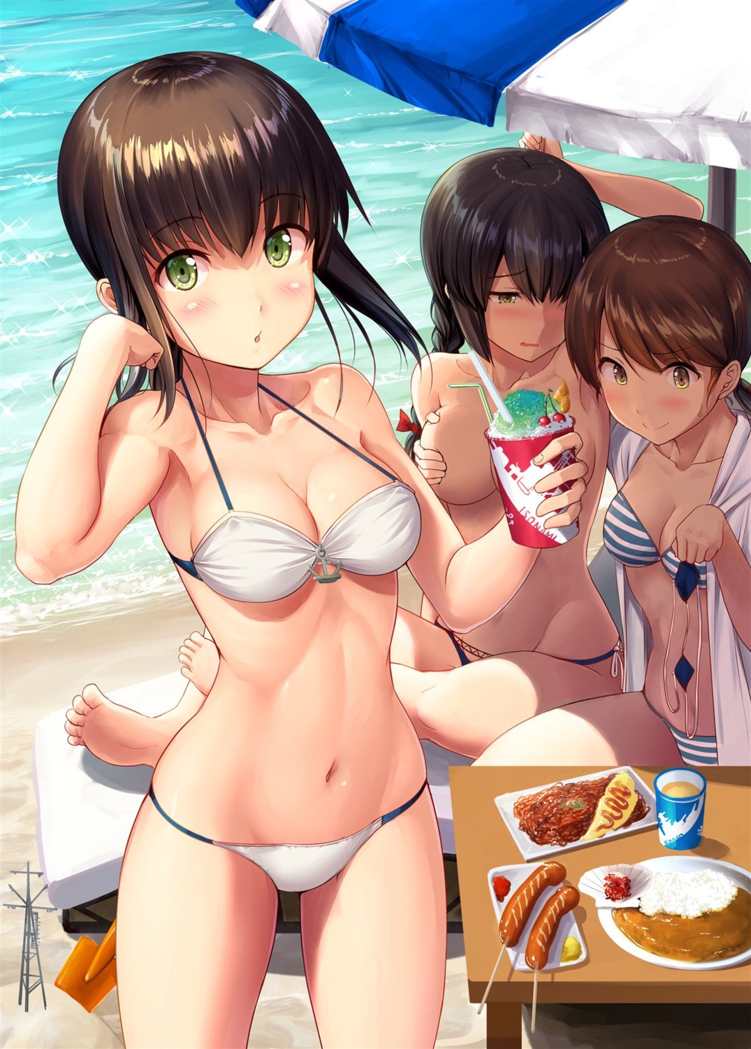 bikini breast_grab cleavage fubuki_(kancolle) ichikawa_feesu isonami_(kancolle) jpeg_artifacts kantai_collection open_shirt shirayuki_(kancolle) swimsuits topless yuri