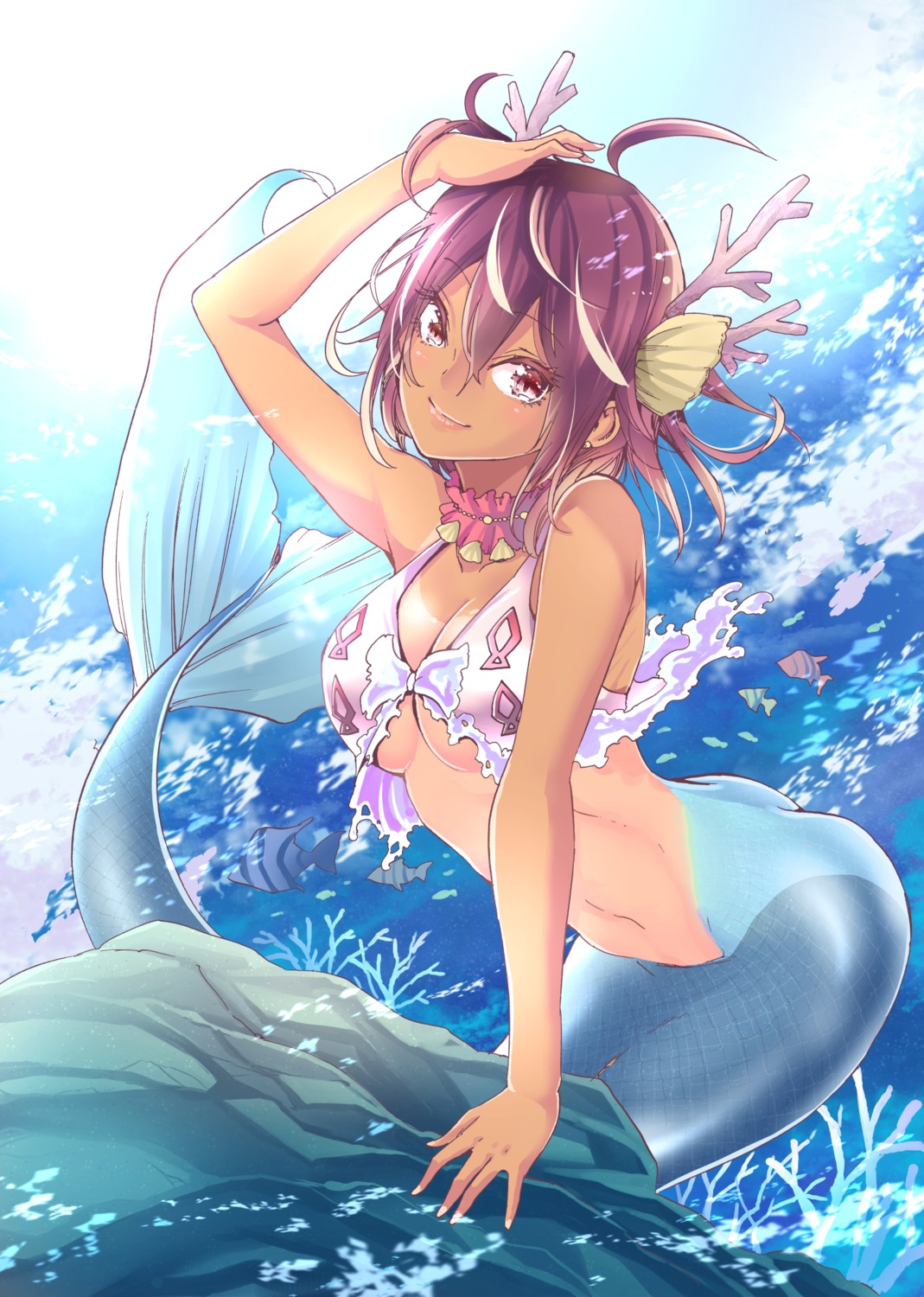 bikini_top bokutachi_wa_benkyou_ga_dekinai cleavage horns mermaid monster_girl swimsuits tail takemoto_uruka tan_lines tsutsui_taishi wet