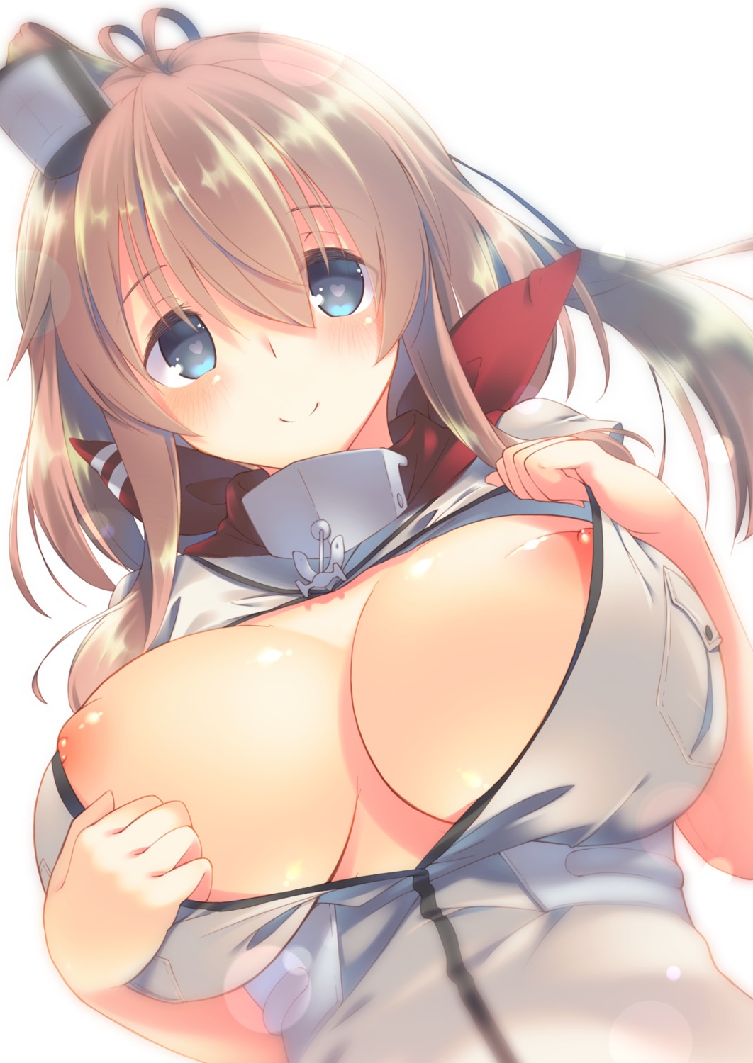kantai_collection mutsuno_hekisa nipple_slip nipples no_bra open_shirt saratoga_(kancolle) undressing