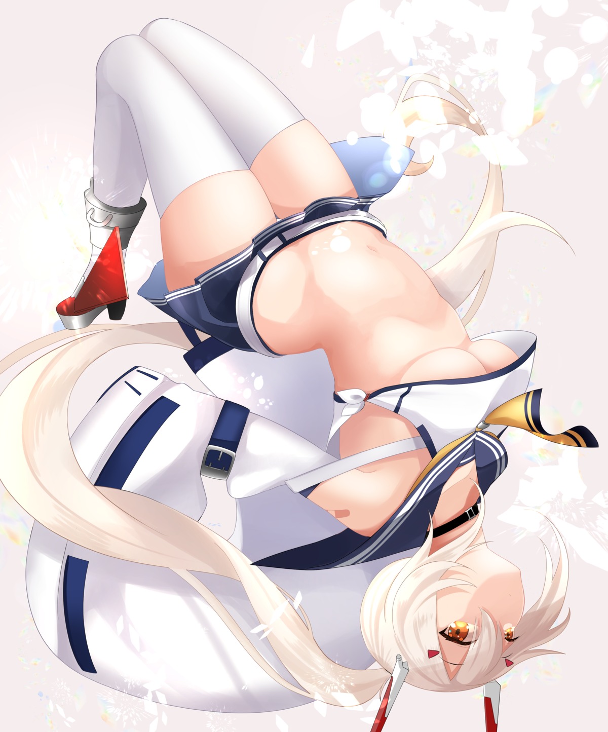 ayanami_(azur_lane) azur_lane heels no_bra seifuku shirt_lift thighhighs underboob yamaha_tsui