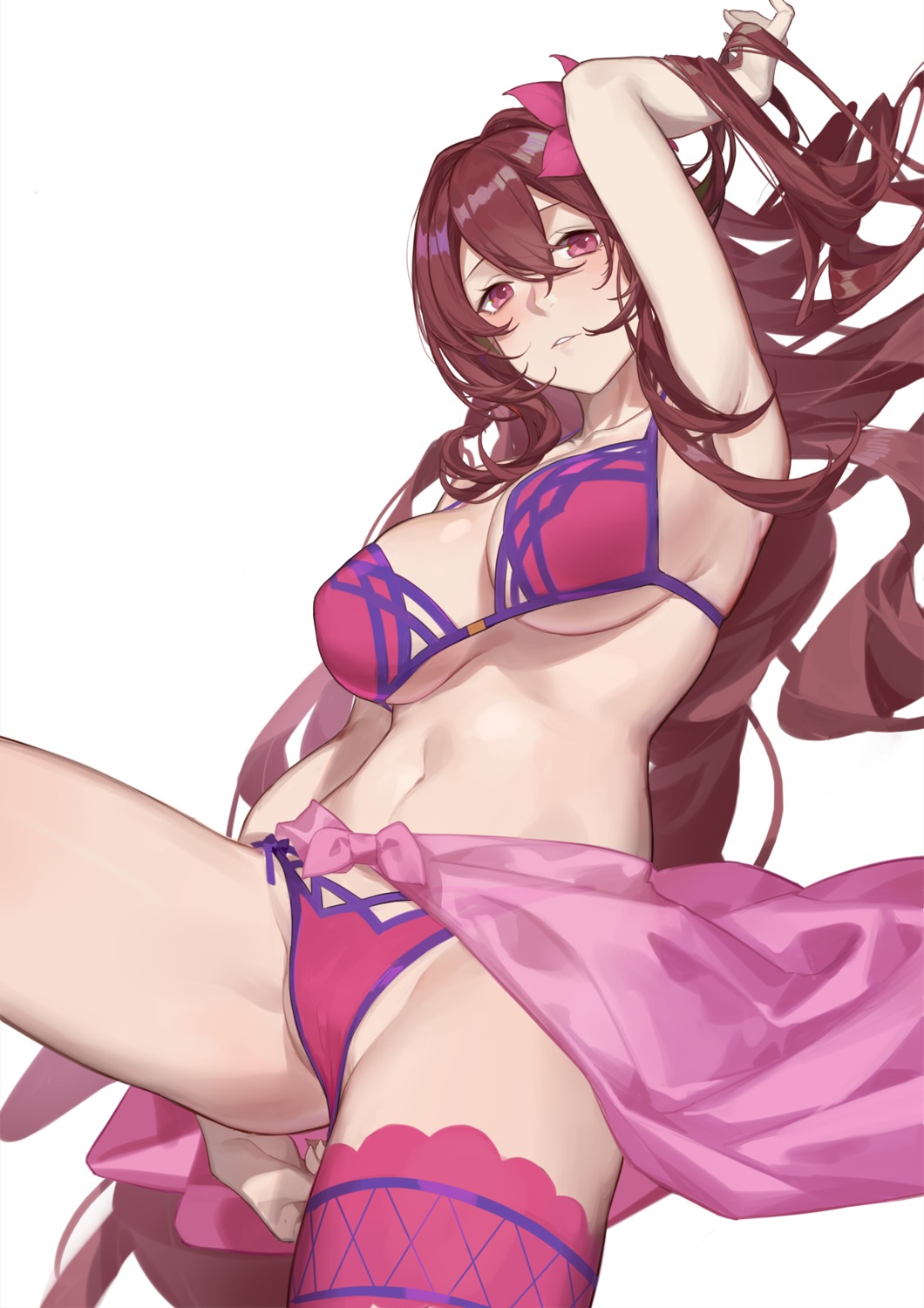 bikini cameltoe fate/grand_order garter red_cucumber scathach_(fate/grand_order) see_through swimsuits thong underboob