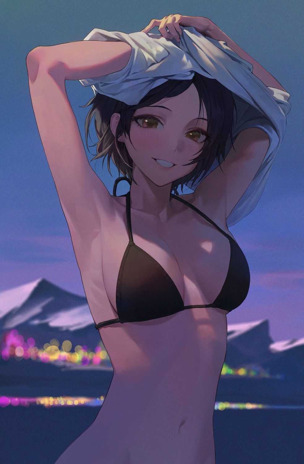 bikini bikini_top hayami_kanade modare shirt_lift swimsuits the_idolm@ster the_idolm@ster_cinderella_girls undressing