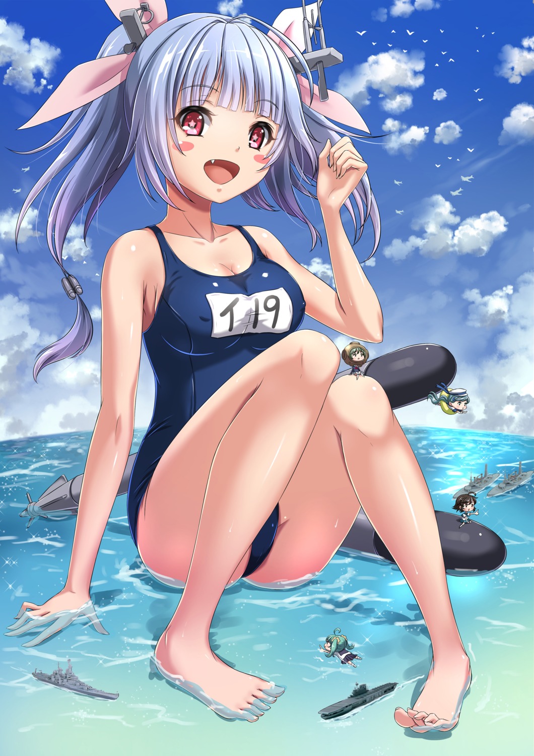 chaki chibi cleavage erect_nipples fairy_(kancolle) feet i-19_(kancolle) kantai_collection school_swimsuit seifuku swimsuits wet