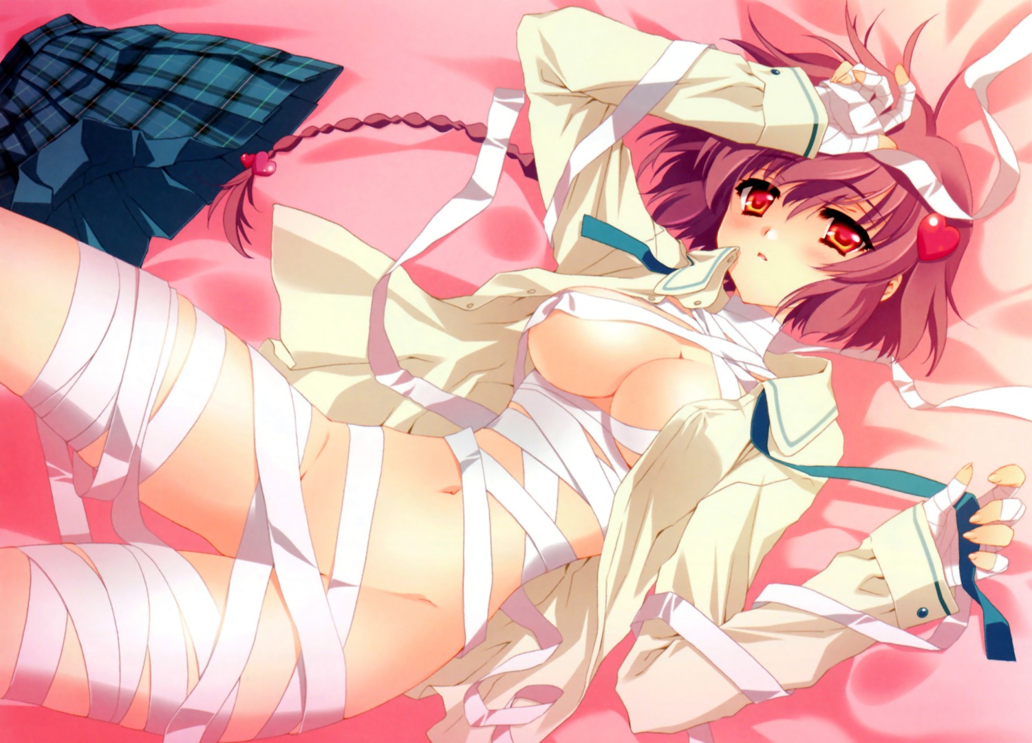 bandages bottomless carnelian cleavage fujita_nodoka no_bra open_shirt para-sol root seifuku