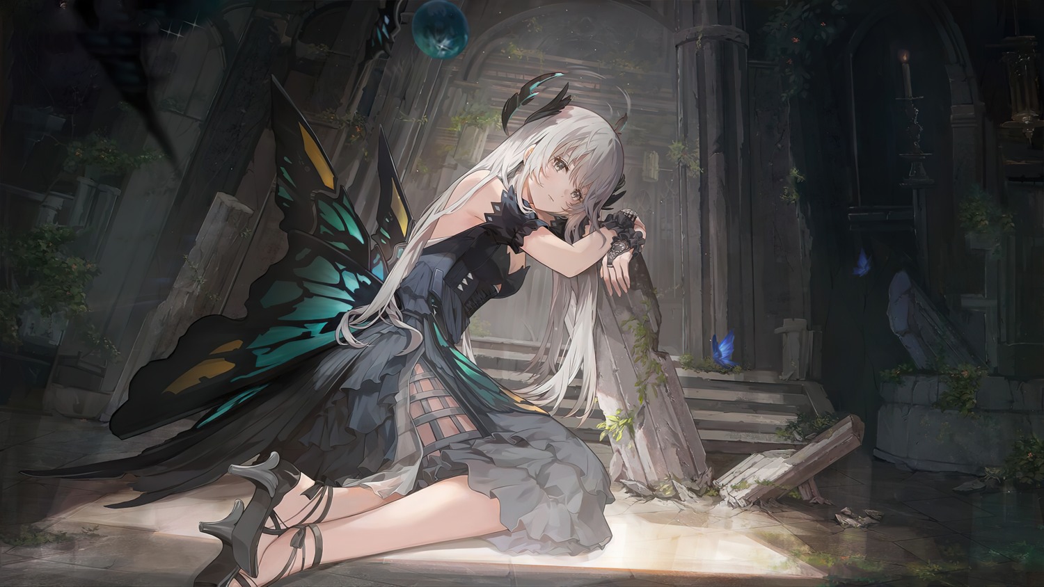 angel corpse_(pixiv) dress heels liv_(punishing:_gray_raven) no_bra punishing:_gray_raven see_through wallpaper wings