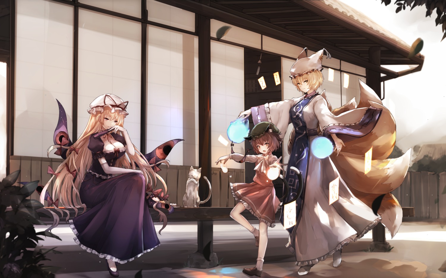 animal_ears chen cleavage dress japanese_clothes kitsune neko nekomimi nekoya_(liu) no_bra skirt_lift tail touhou wallpaper yakumo_ran yakumo_yukari