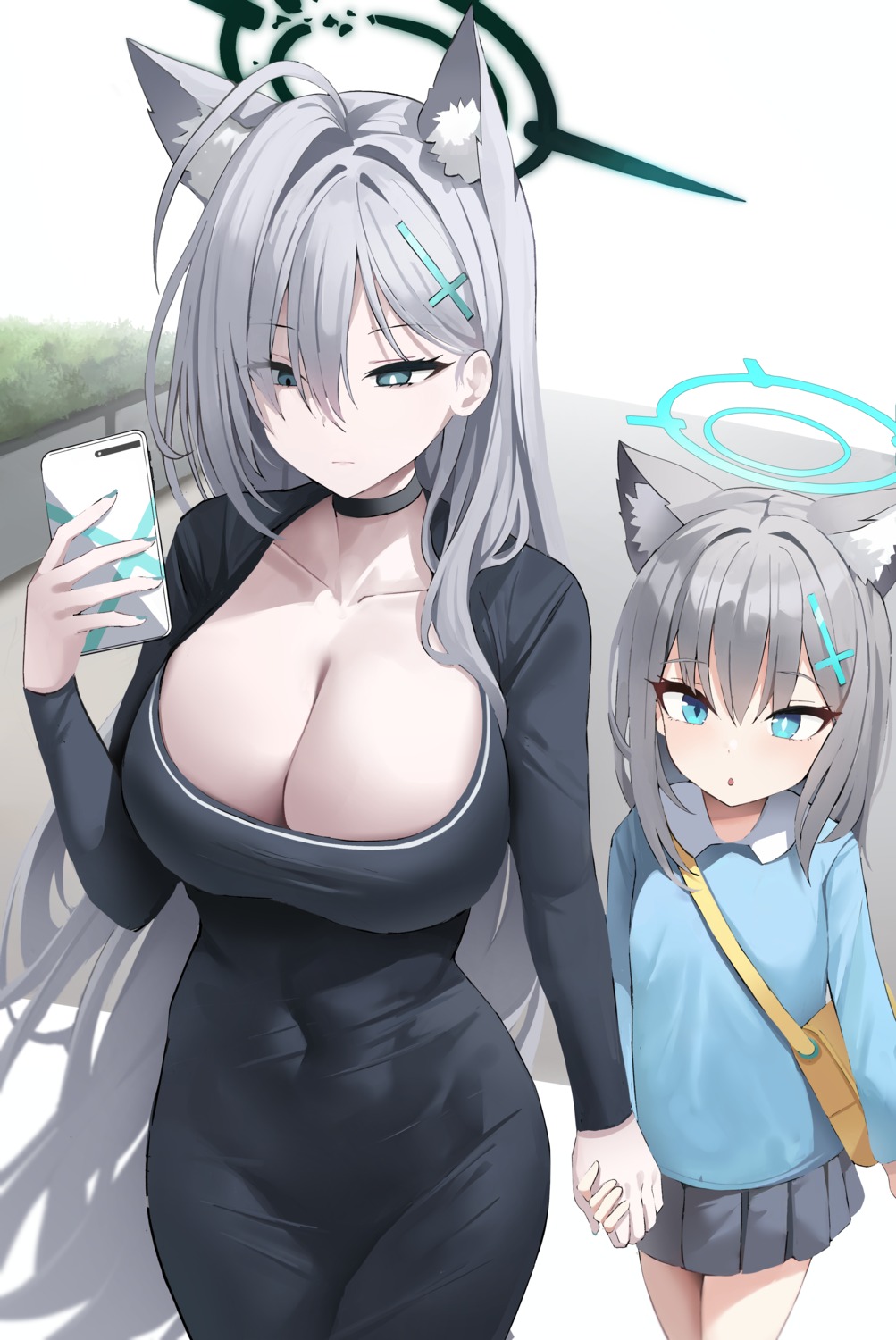 animal_ears blue_archive dress halo nekomimi no_bra redshark seifuku shiroko_terror sunaookami_shiroko sweater