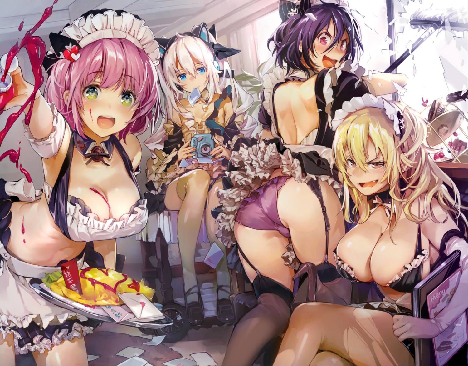 ass bra cleavage cream maid pantsu pantyhose souji_hougu stockings thighhighs torn_clothes