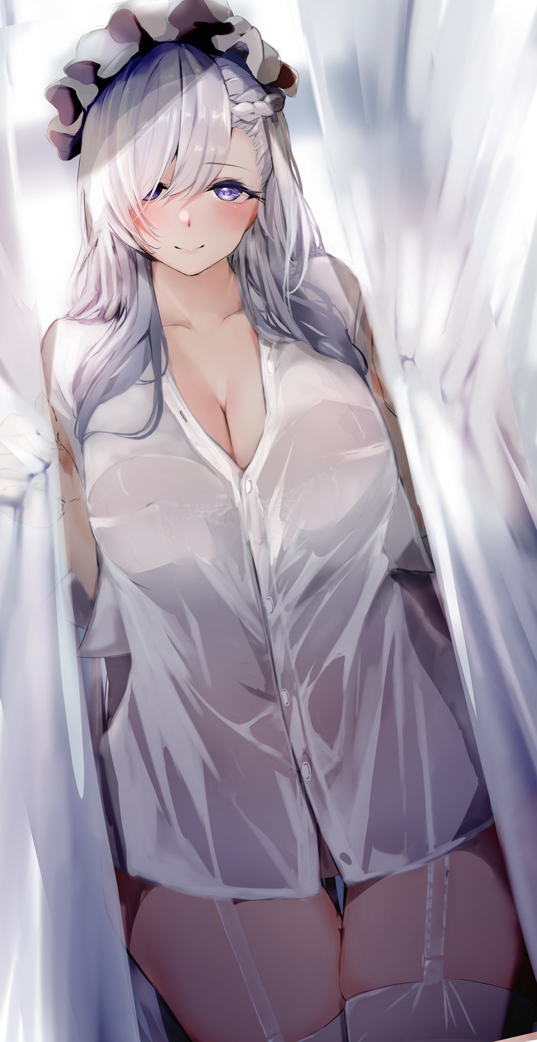 azur_lane belfast_(azur_lane) bra dress_shirt erect_nipples open_shirt pantsu raru_(nanaharararu) see_through stockings thighhighs