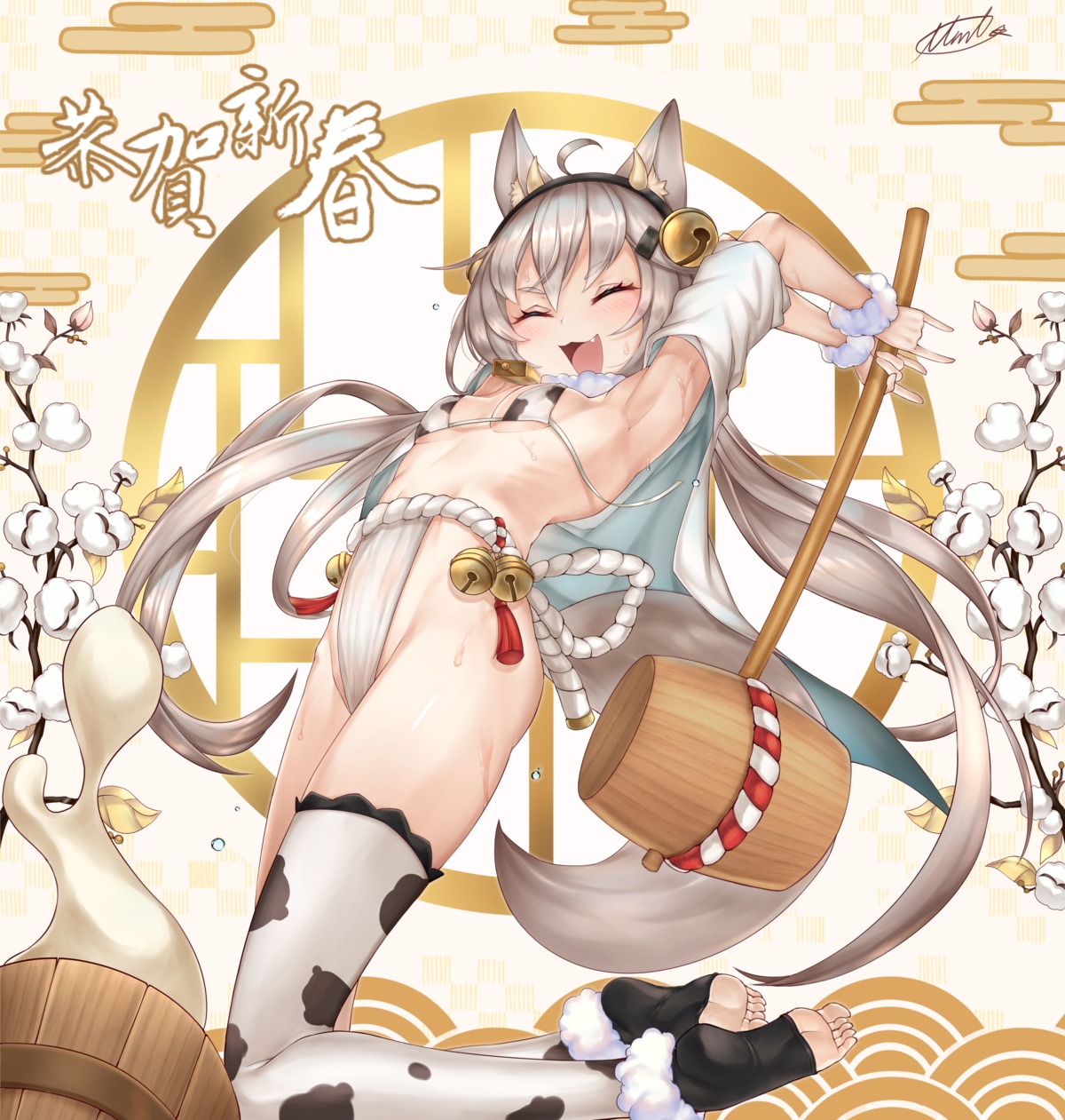animal_ears bra fundoshi horns kitsune loli miko_no_kamiko tail thighhighs weapon