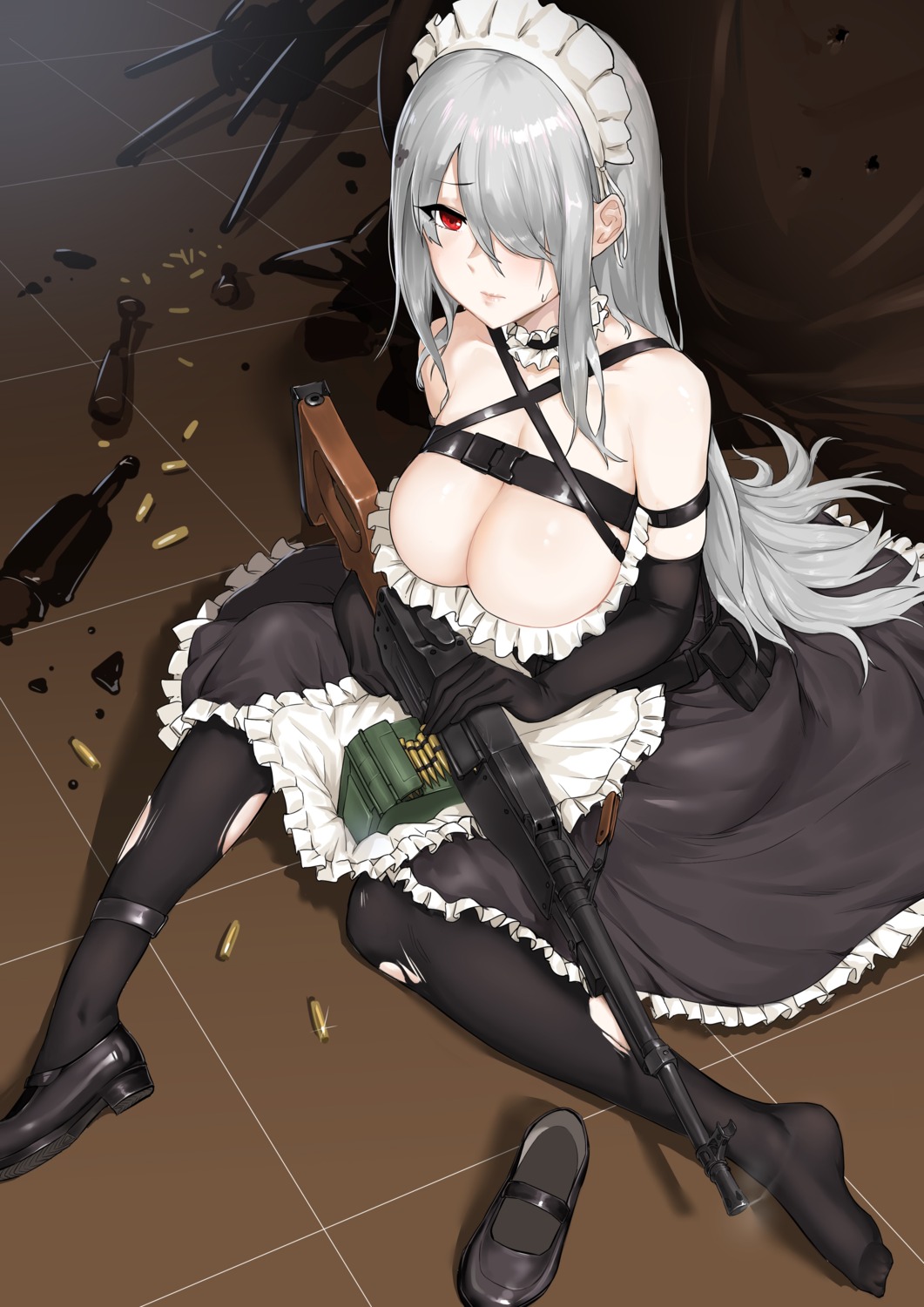 dawalixi girls_frontline gun maid no_bra pk_(girls_frontline) torn_clothes