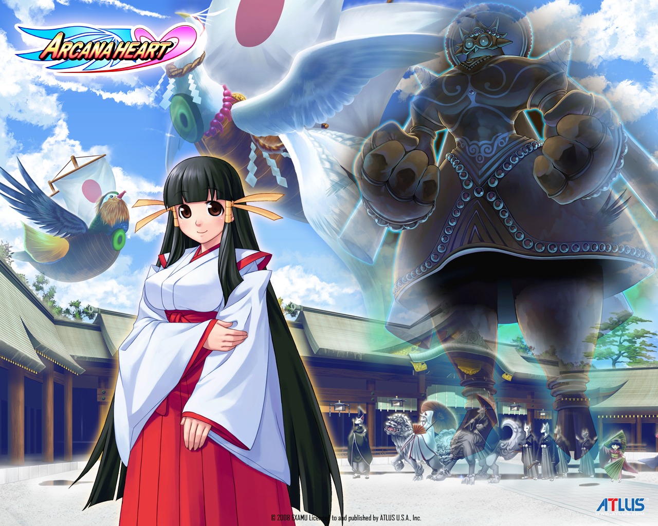 arcana_heart kasuga_maori miko mizuki_gyokuran monster wallpaper wings