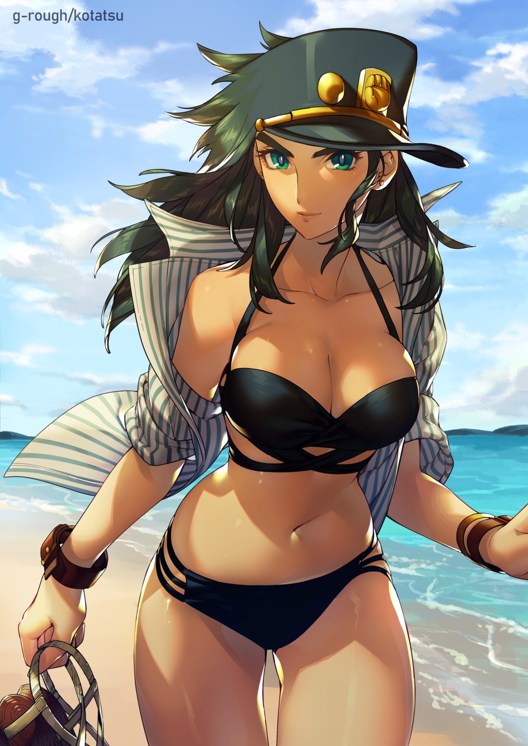 bikini cleavage genderswap jojo's_bizarre_adventure kotatsu_(g-rough) kujo_jotaro open_shirt swimsuits