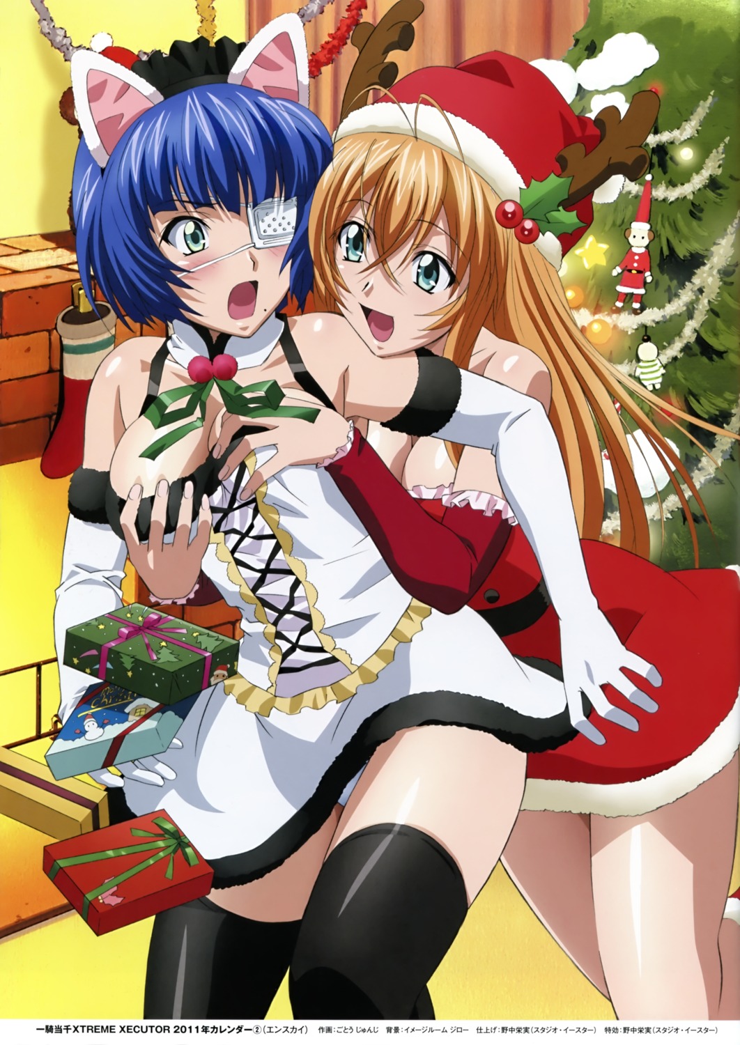 animal_ears breast_grab christmas cleavage dress eyepatch gotou_junji ikkitousen ikkitousen~dragon_destiny~ nekomimi no_bra pantsu ryomou_shimei sonsaku_hakufu thighhighs