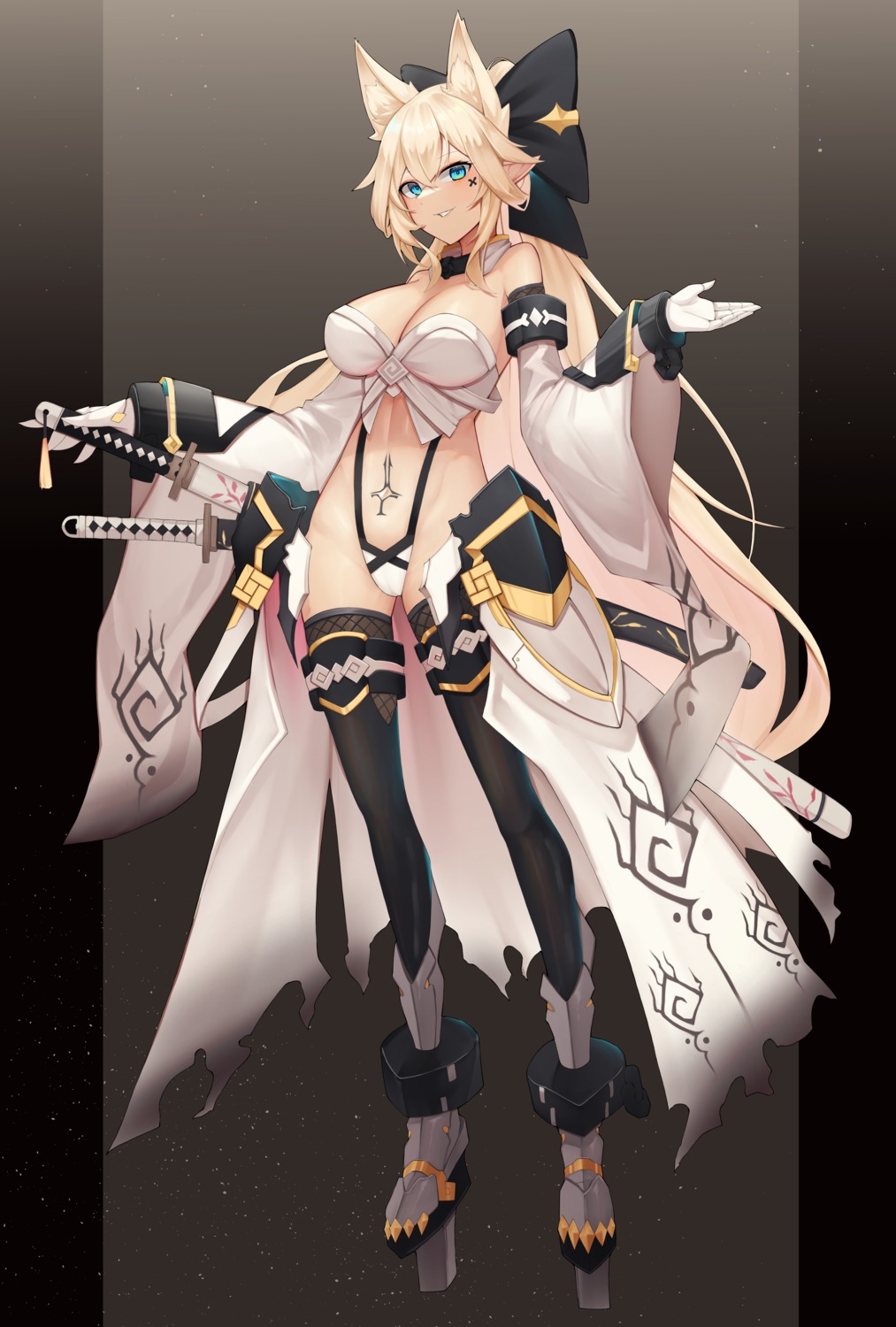 animal_ears armor cameltoe fishnets garter japanese_clothes leotard sword tagme tattoo thighhighs