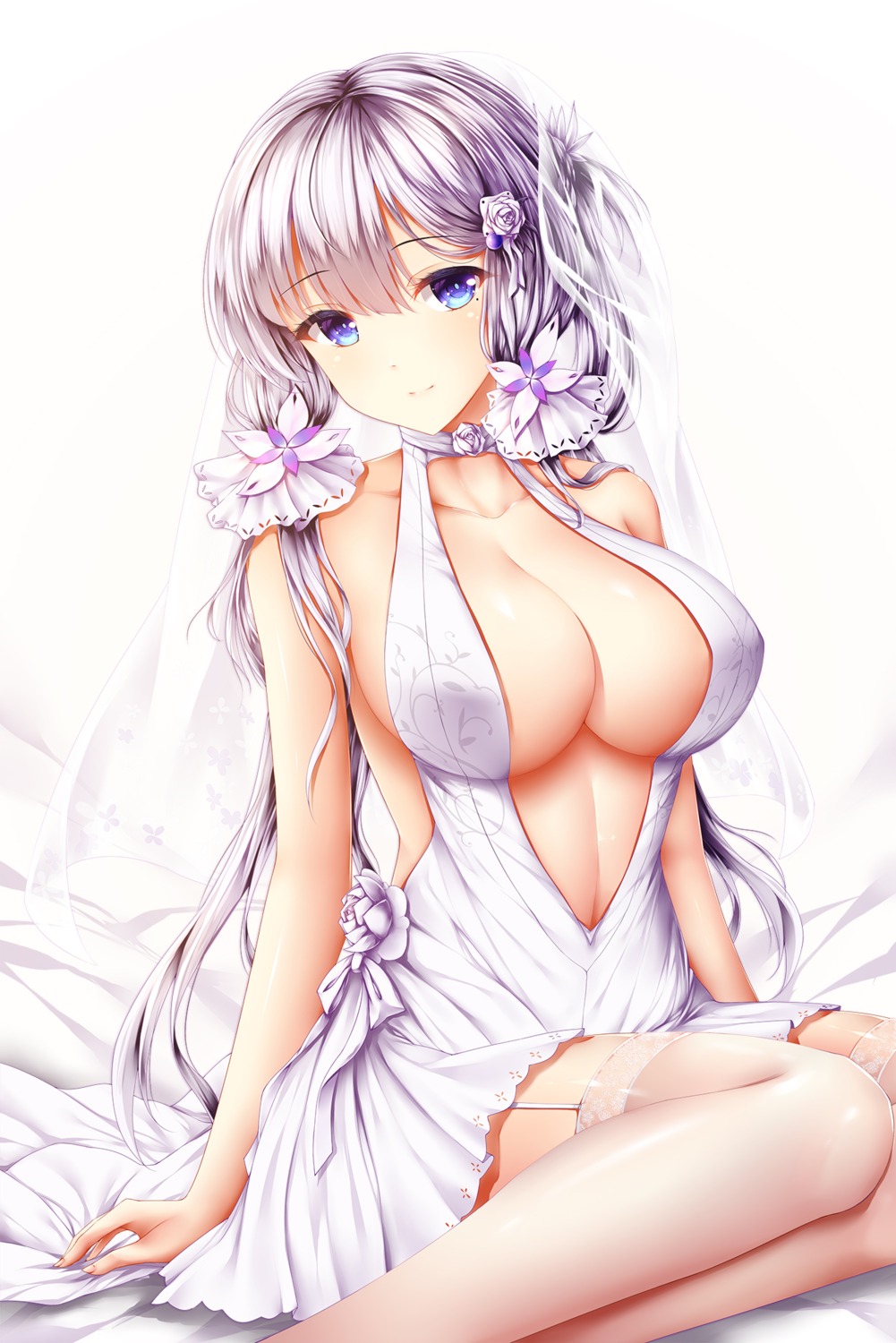 azur_lane cleavage dress illustrious_(azur_lane) no_bra stockings thighhighs wsman