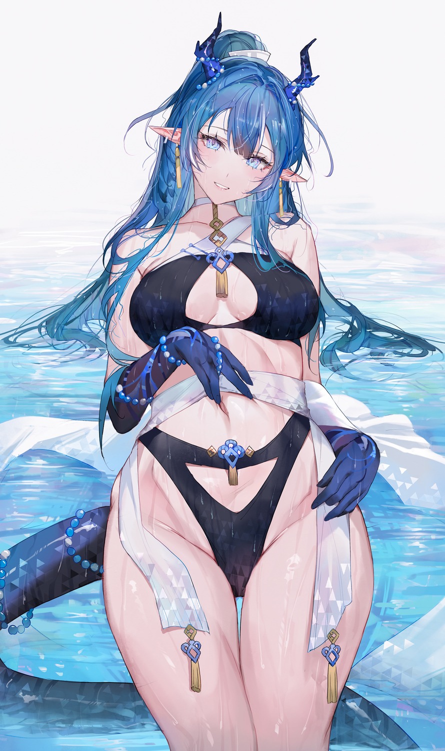 arknights bikini horns ling_(arknights) pointy_ears qiandaiyiyu swimsuits tail wet