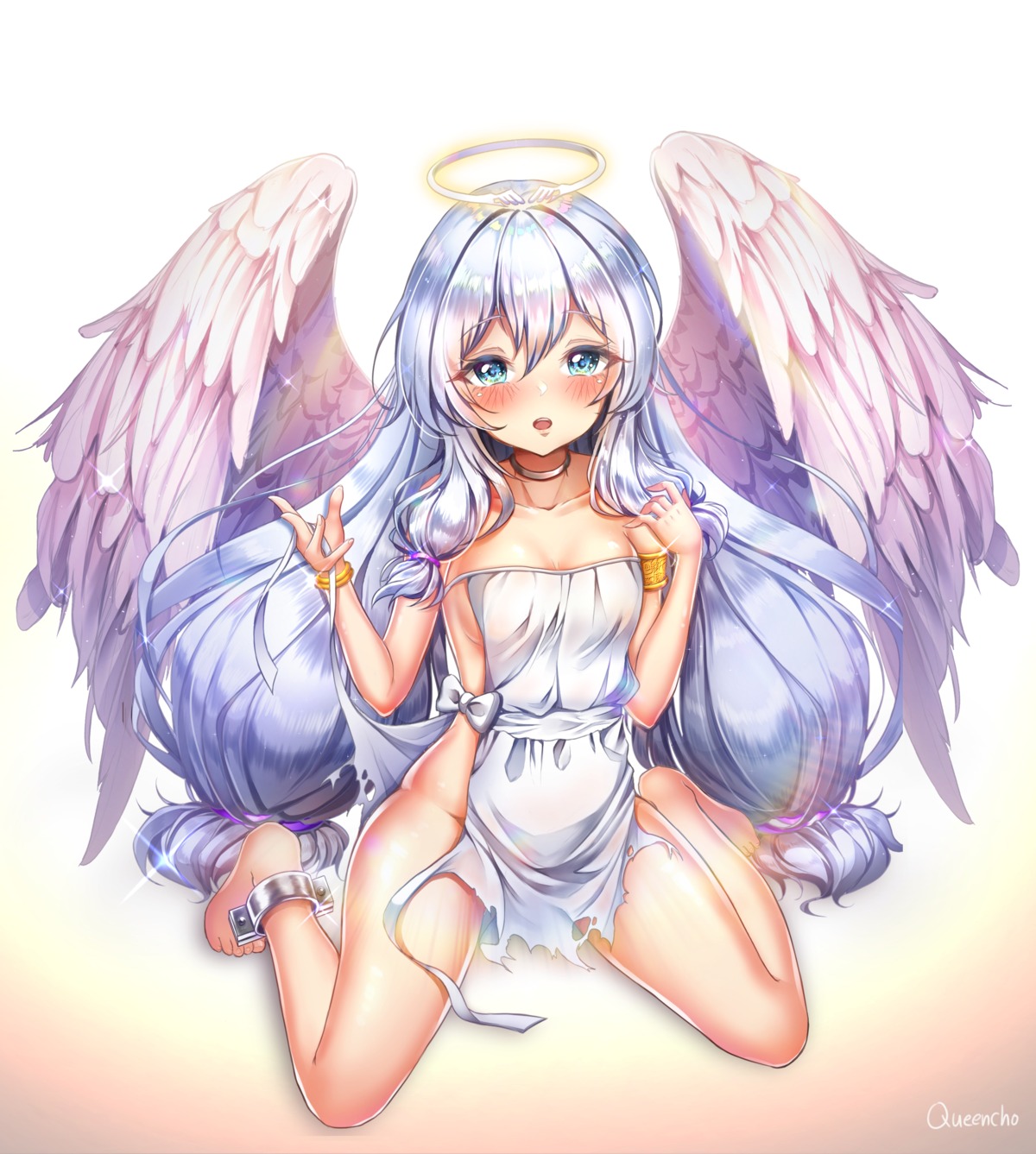 angel dress no_bra nopan queencho torn_clothes wings