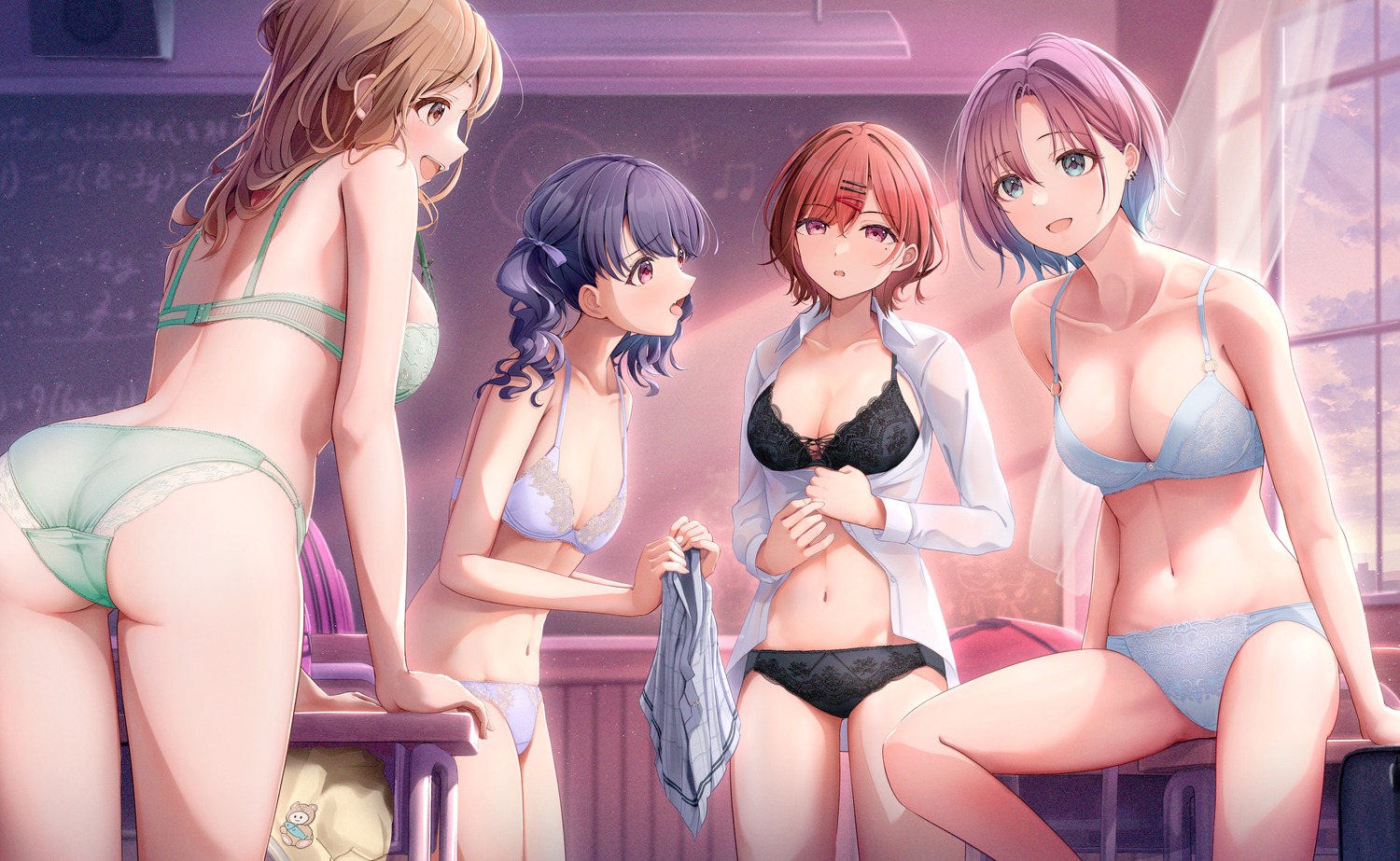 asakura_tooru ass bra dress_shirt fujinomiya_reicho fukumaru_koito higuchi_madoka ichikawa_hinana lingerie open_shirt pantsu see_through the_idolm@ster the_idolm@ster_shiny_colors thong undressing