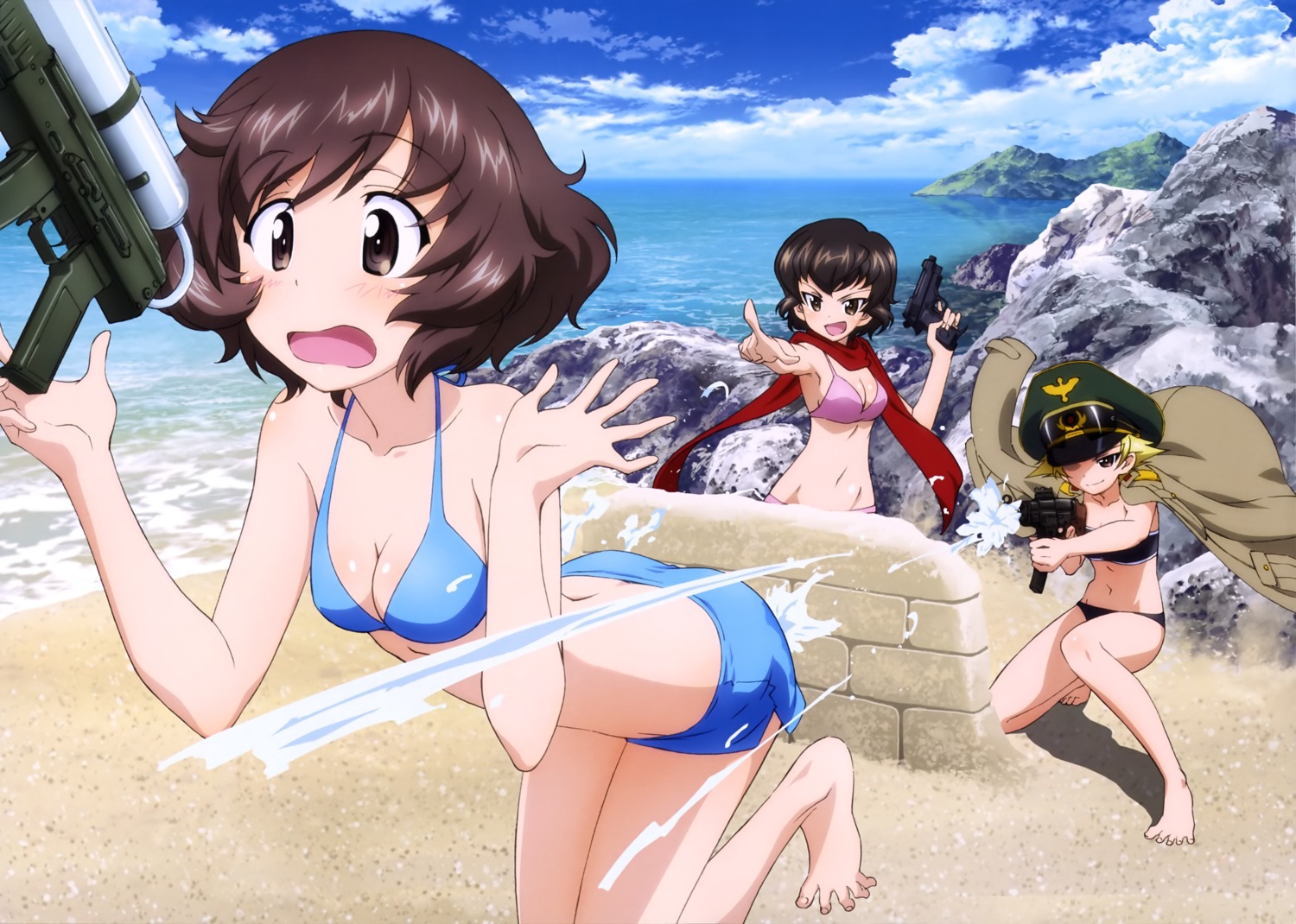 akiyama_yukari bikini caesar cleavage erwin girls_und_panzer gun swimsuits wet yoshida_nobuyoshi