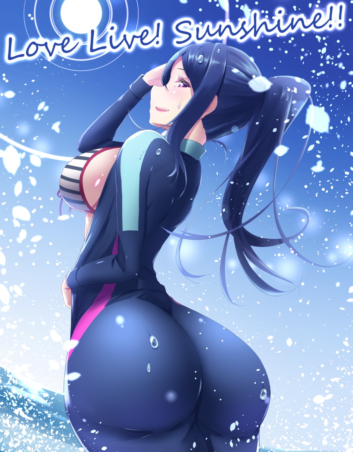 ass bikini_top bodysuit love_live!_(series) love_live!_sunshine!! matsuura_kanan open_shirt swimsuits wet