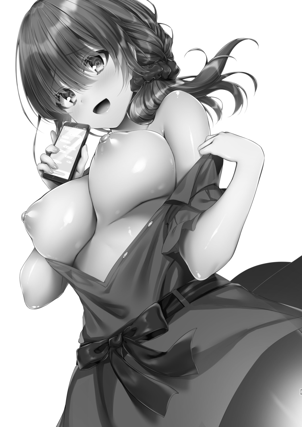 breasts dress jiiwara monochrome nipples no_bra open_shirt undressing