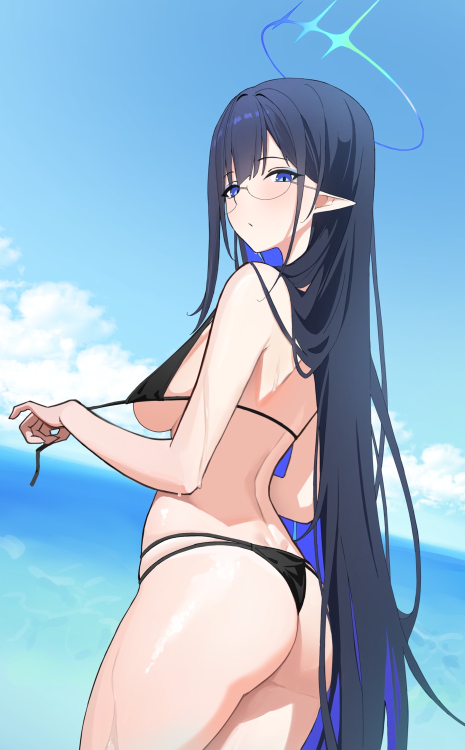 ass bikini blue_archive halo megane nanagami_rin pointy_ears swimsuits thong undressing wet yingchuishiting