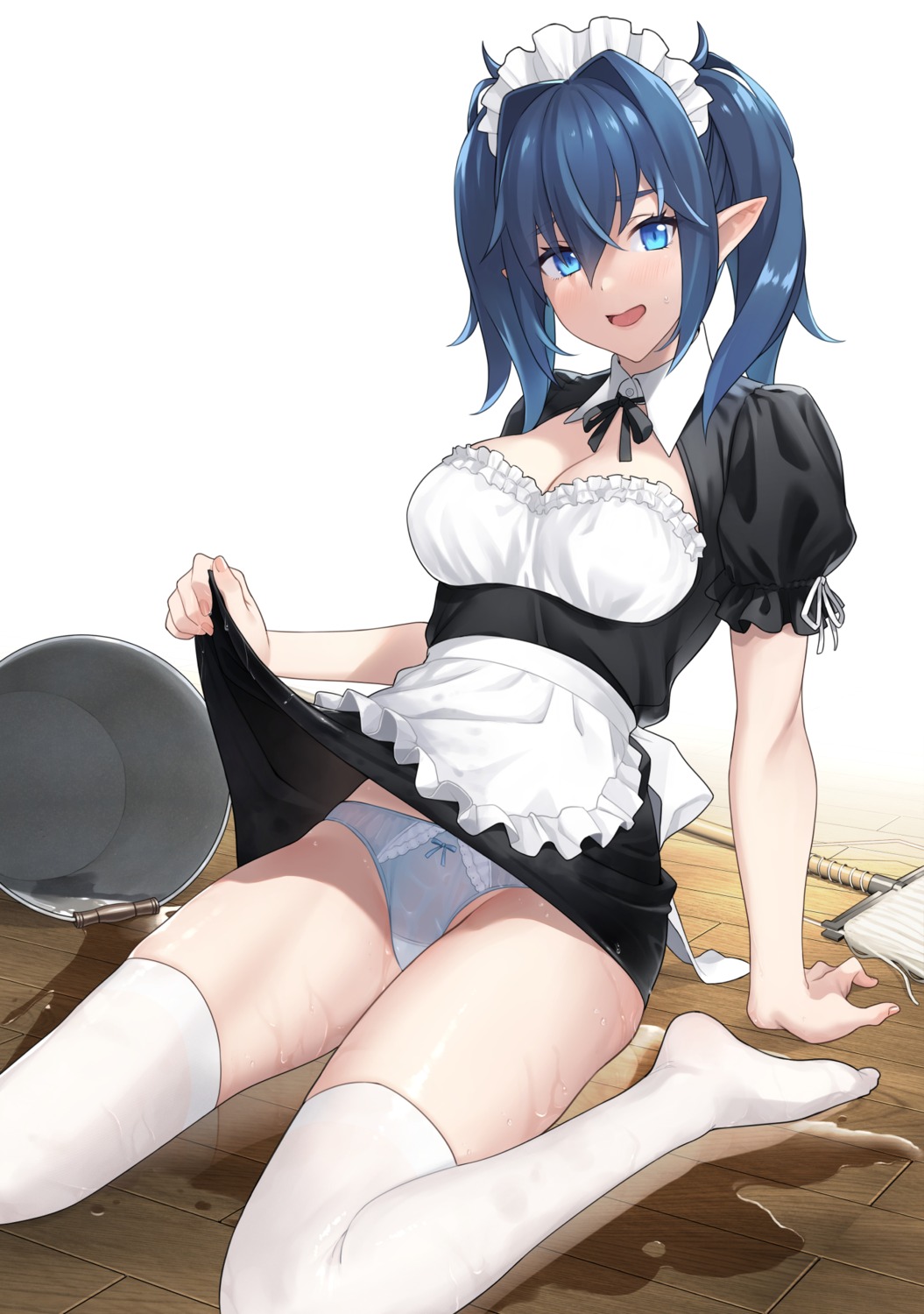 cleavage maid pantsu pointy_ears prime skirt_lift thighhighs wet