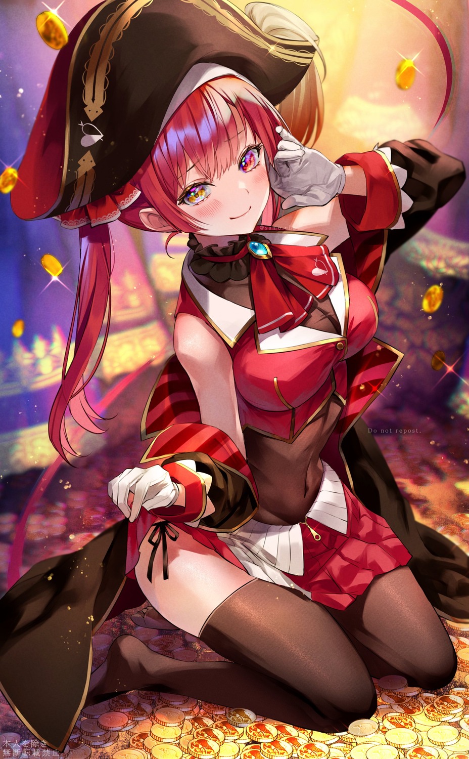 heterochromia hololive houshou_marine pantsu pirate samo_cha see_through skirt_lift string_panties thighhighs undressing