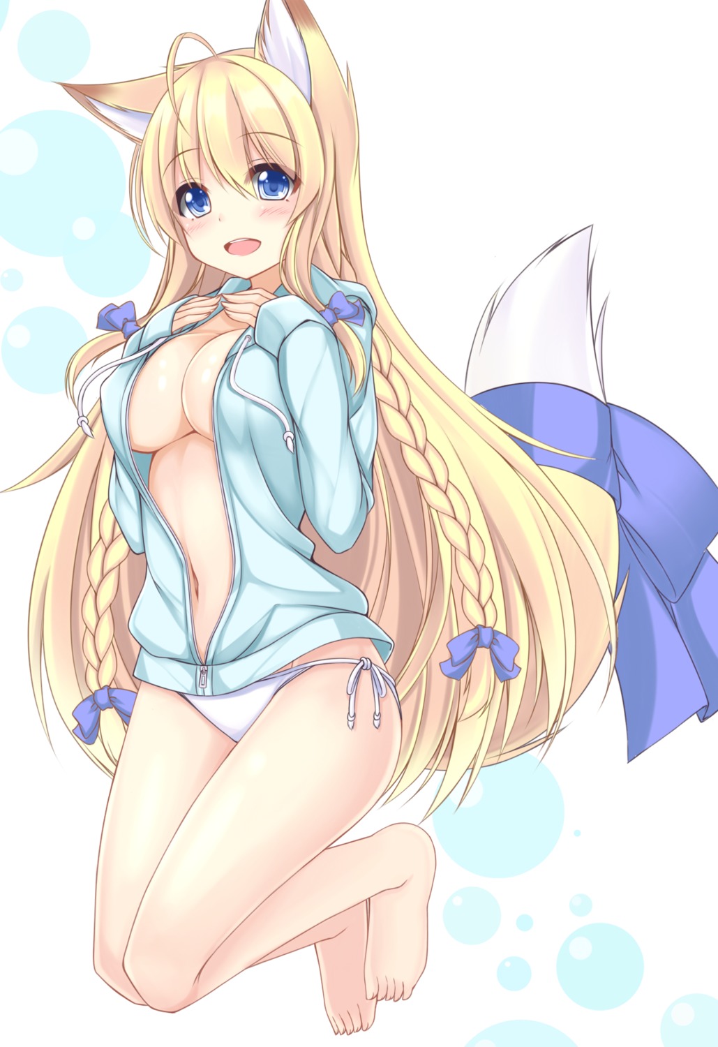 animal_ears bikini cleavage kitsune no_bra open_shirt sogaya swimsuits tail