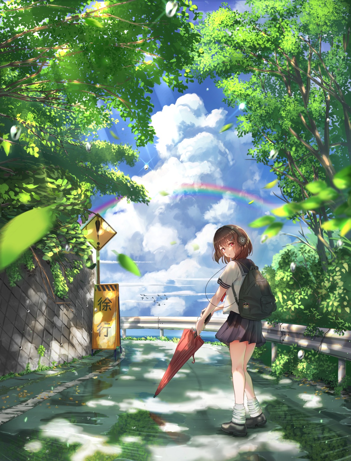 headphones landscape nose_(oekaki1825) seifuku umbrella