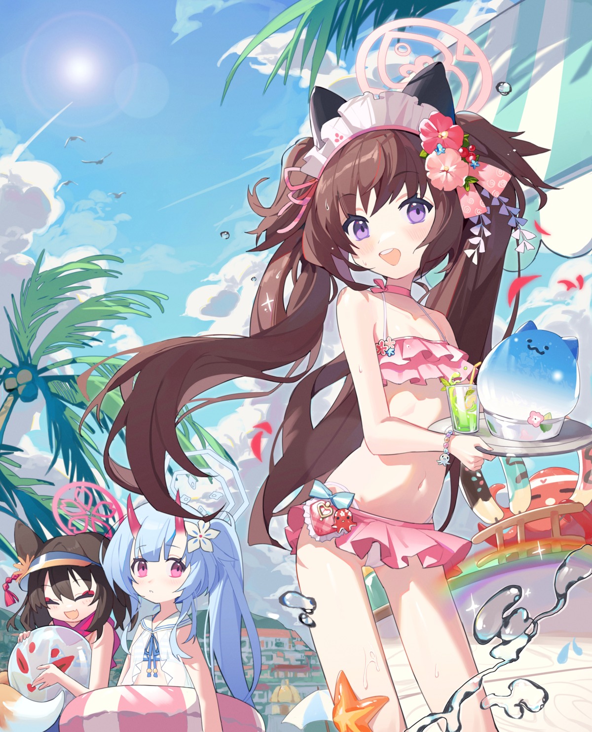 animal_ears bikini blue_archive cameltoe halo horns kawawa_shizuko kitsune kuda_izuna loli maid measho nekomimi see_through swimsuits waitress waraku_chise