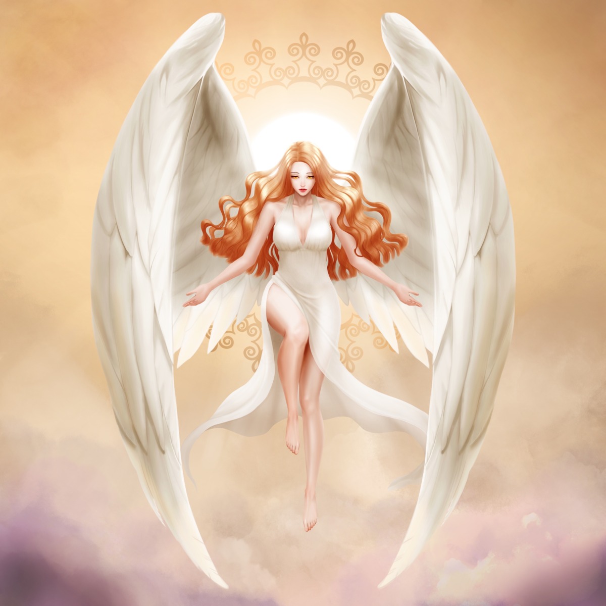 angel cleavage dress illustjyoda no_bra skirt_lift wings