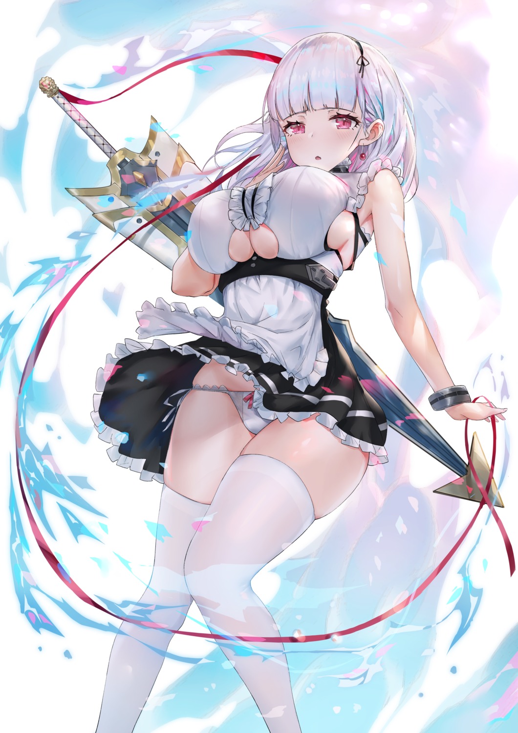 azur_lane dido_(azur_lane) echomlete maid no_bra pantsu skirt_lift string_panties sword thighhighs underboob