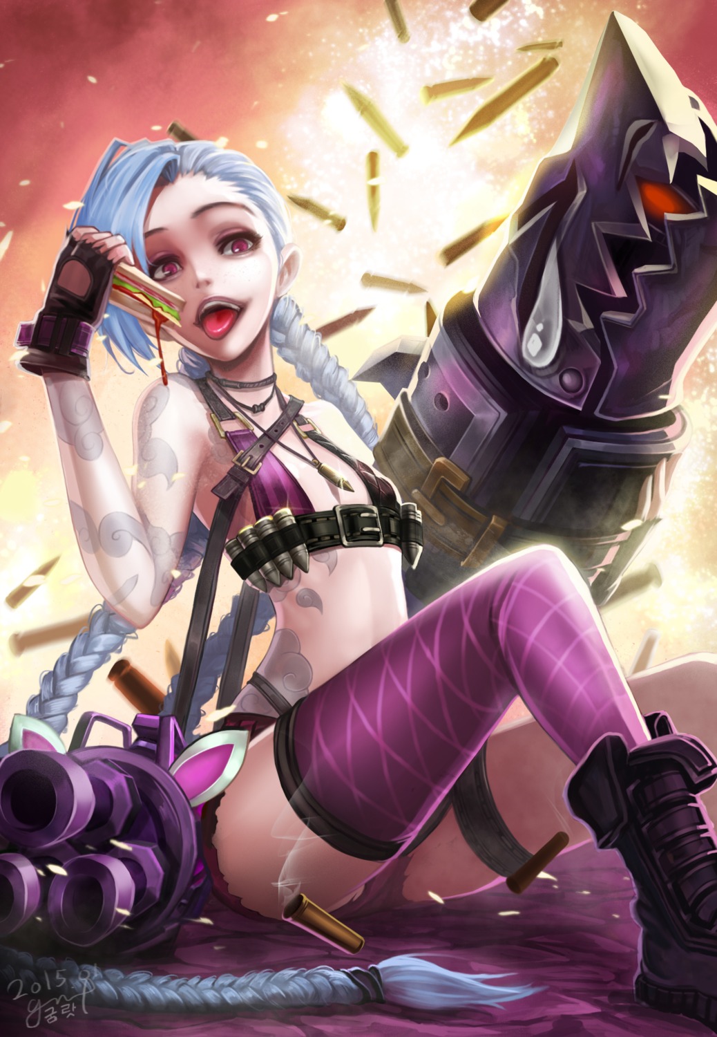 bikini_top cleavage goomrrat gun jinx league_of_legends swimsuits tattoo thighhighs