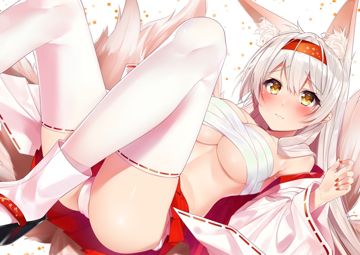 animal_ears cameltoe kantai_collection miko nezumi_doshi open_shirt pantsu sarashi shoukaku_(kancolle) tail underboob