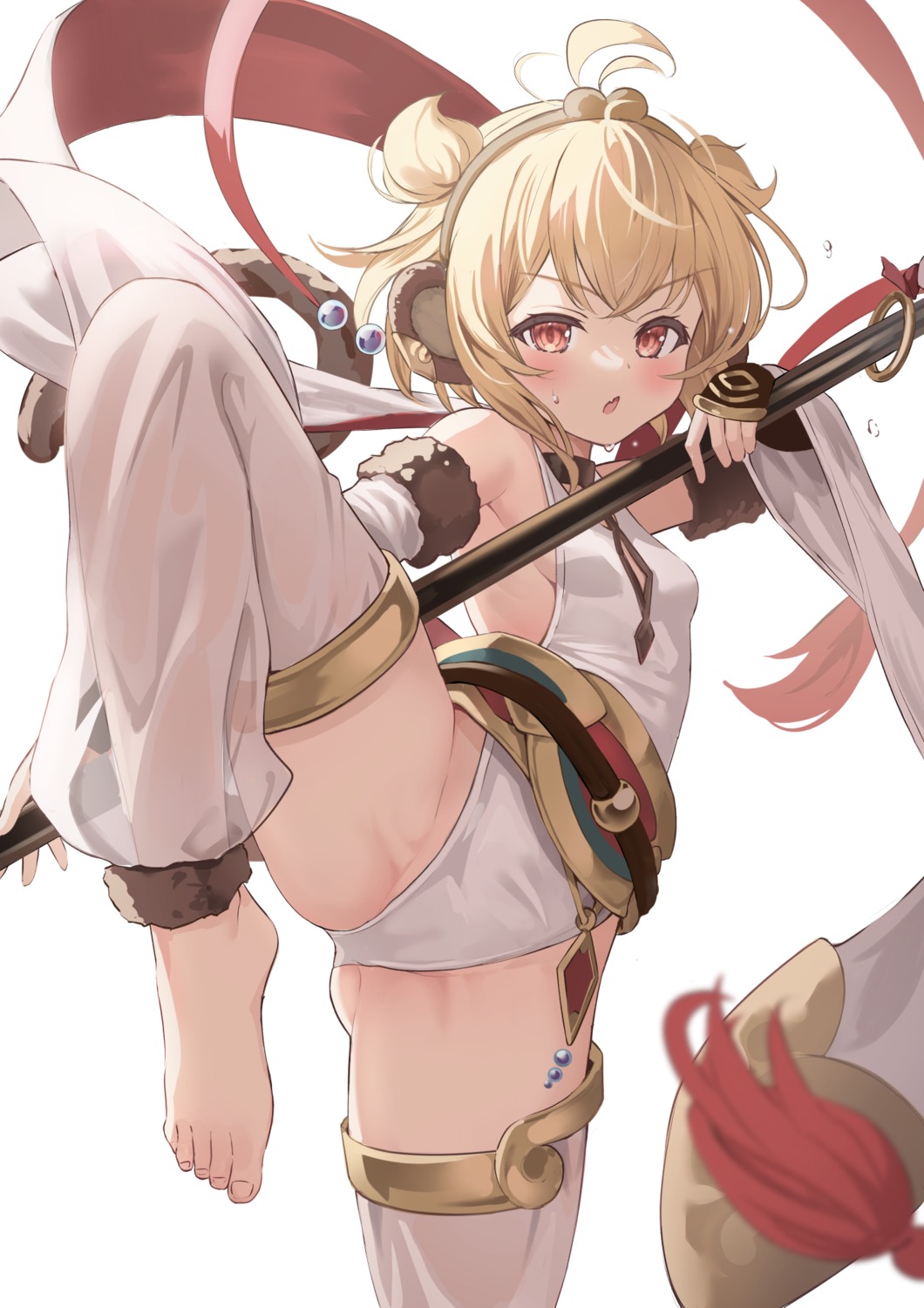 andira_(granblue_fantasy) animal_ears asian_clothes feet granblue_fantasy kimblee leotard loli no_bra see_through tail thighhighs weapon