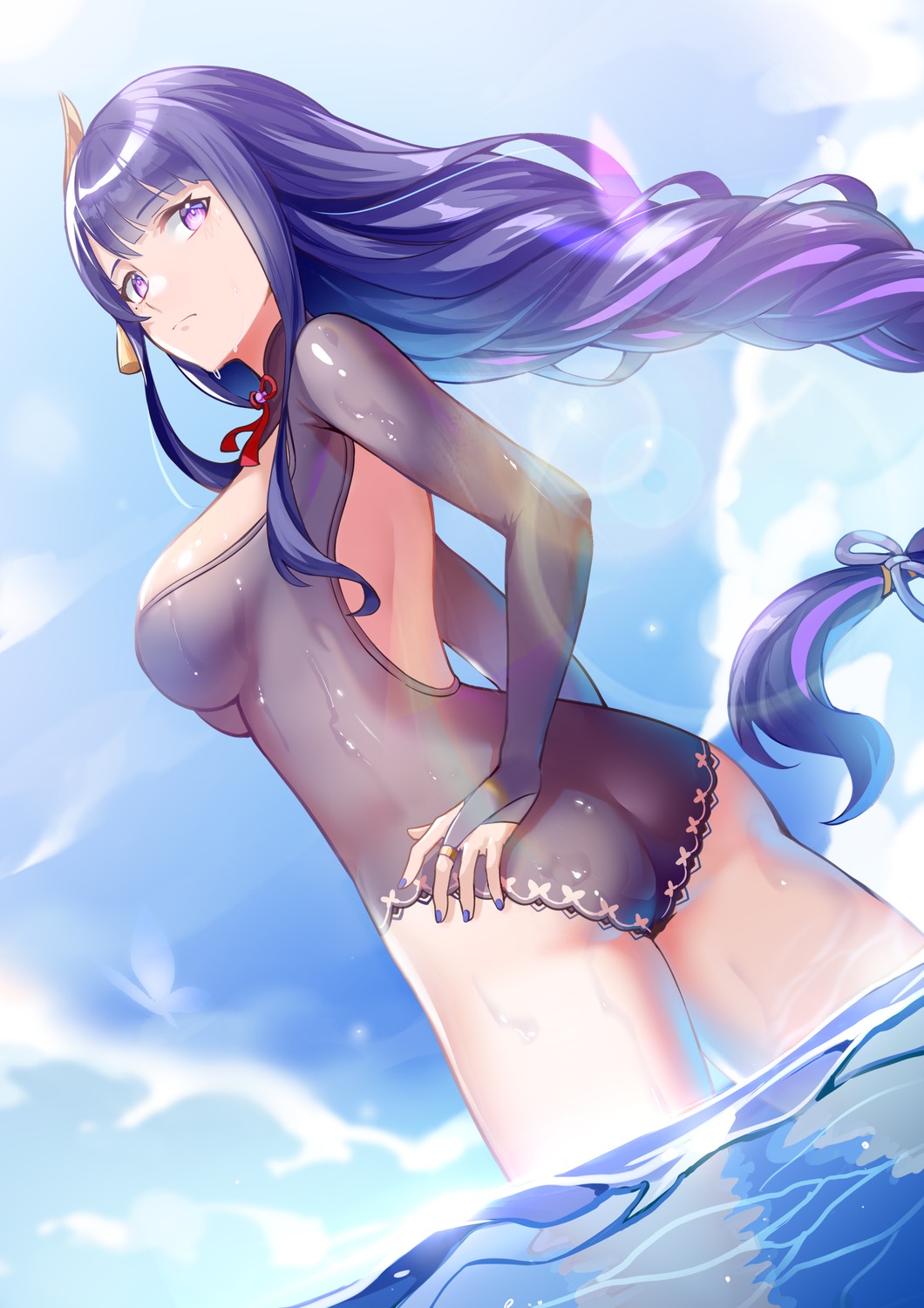 2r-_(pixiv8168114) ass genshin_impact leotard raiden_shogun wet wet_clothes